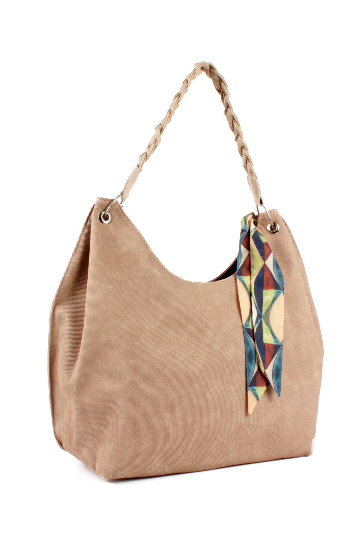 LWE1775-SyhTalhaLuwwe Bag'sKadın Vegan Nubuk Deri Salaş Tarz Örgü Askılı Fularlı Dış Cepli Fermuar Kapamalı Tote Çanta (1775)