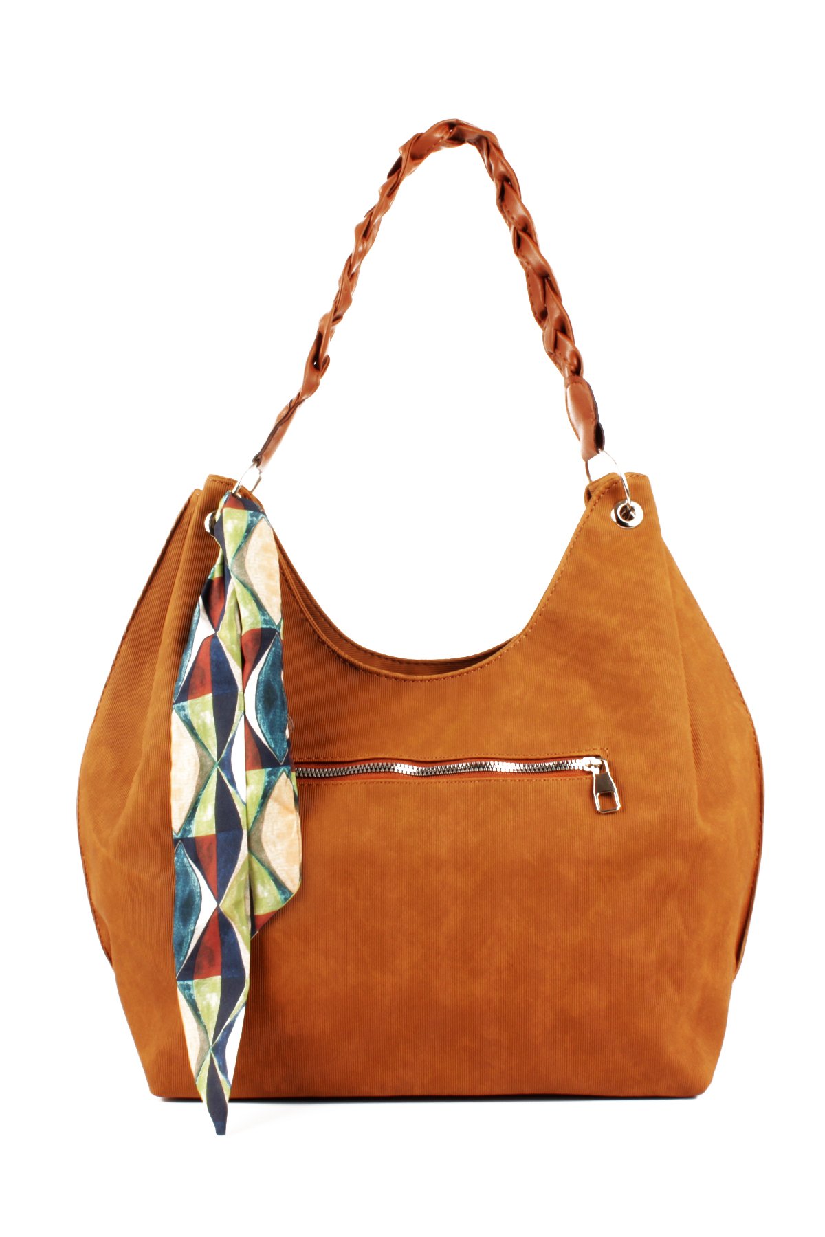 LWE1775-SyhTalhaLuwwe Bag'sKadın Vegan Nubuk Deri Salaş Tarz Örgü Askılı Fularlı Dış Cepli Fermuar Kapamalı Tote Çanta (1775)