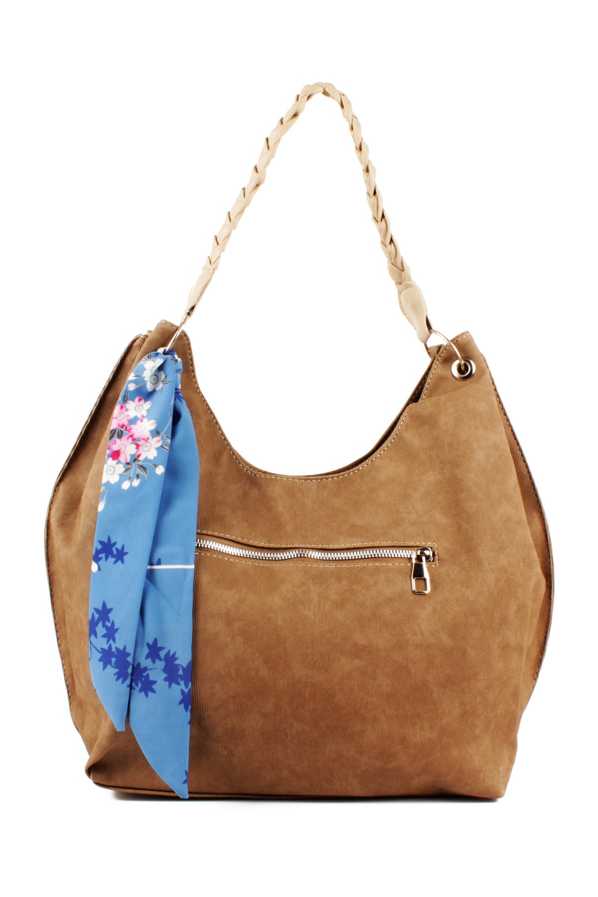 LWE1775-SyhTalhaLuwwe Bag'sKadın Vegan Nubuk Deri Salaş Tarz Örgü Askılı Fularlı Dış Cepli Fermuar Kapamalı Tote Çanta (1775)