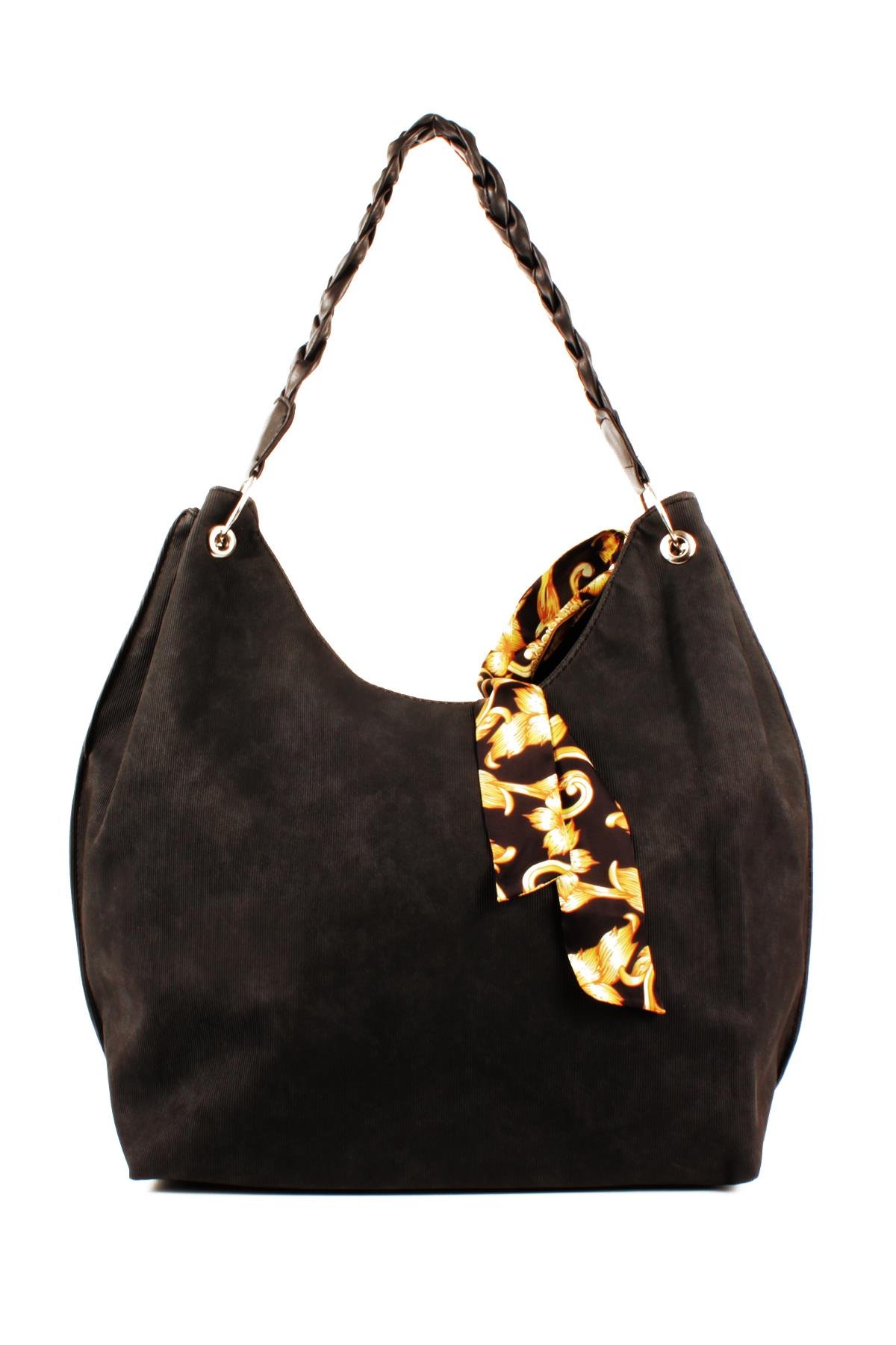 LWE1775-SyhTalhaLuwwe Bag'sKadın Vegan Nubuk Deri Salaş Tarz Örgü Askılı Fularlı Dış Cepli Fermuar Kapamalı Tote Çanta (1775)