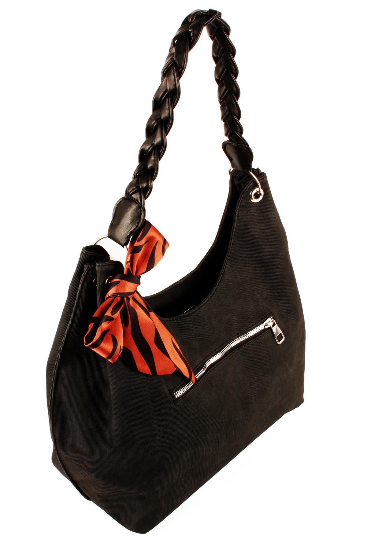 LWE1775-SyhTalhaLuwwe Bag'sKadın Vegan Nubuk Deri Salaş Tarz Örgü Askılı Fularlı Dış Cepli Fermuar Kapamalı Tote Çanta (1775)