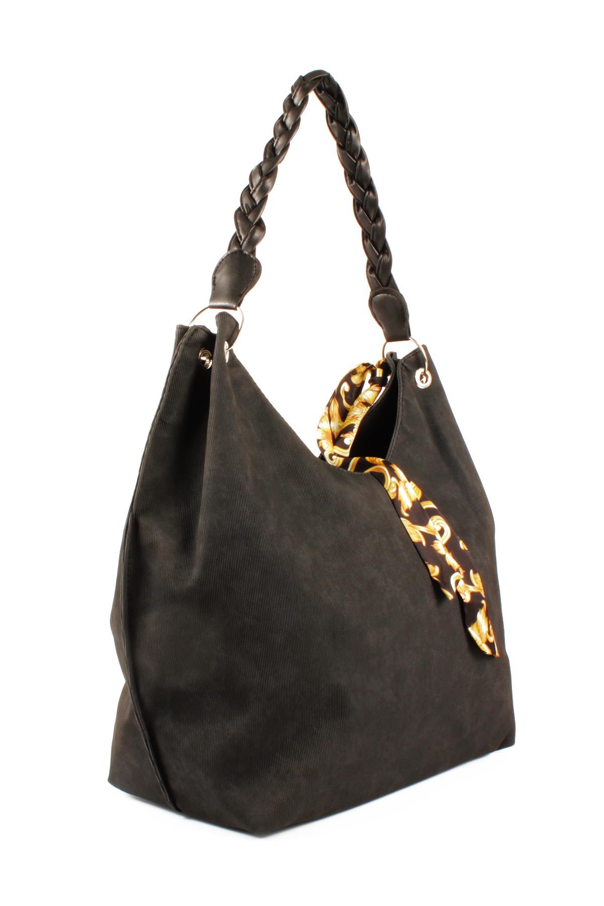 LWE1775-SyhTalhaLuwwe Bag'sKadın Vegan Nubuk Deri Salaş Tarz Örgü Askılı Fularlı Dış Cepli Fermuar Kapamalı Tote Çanta (1775)