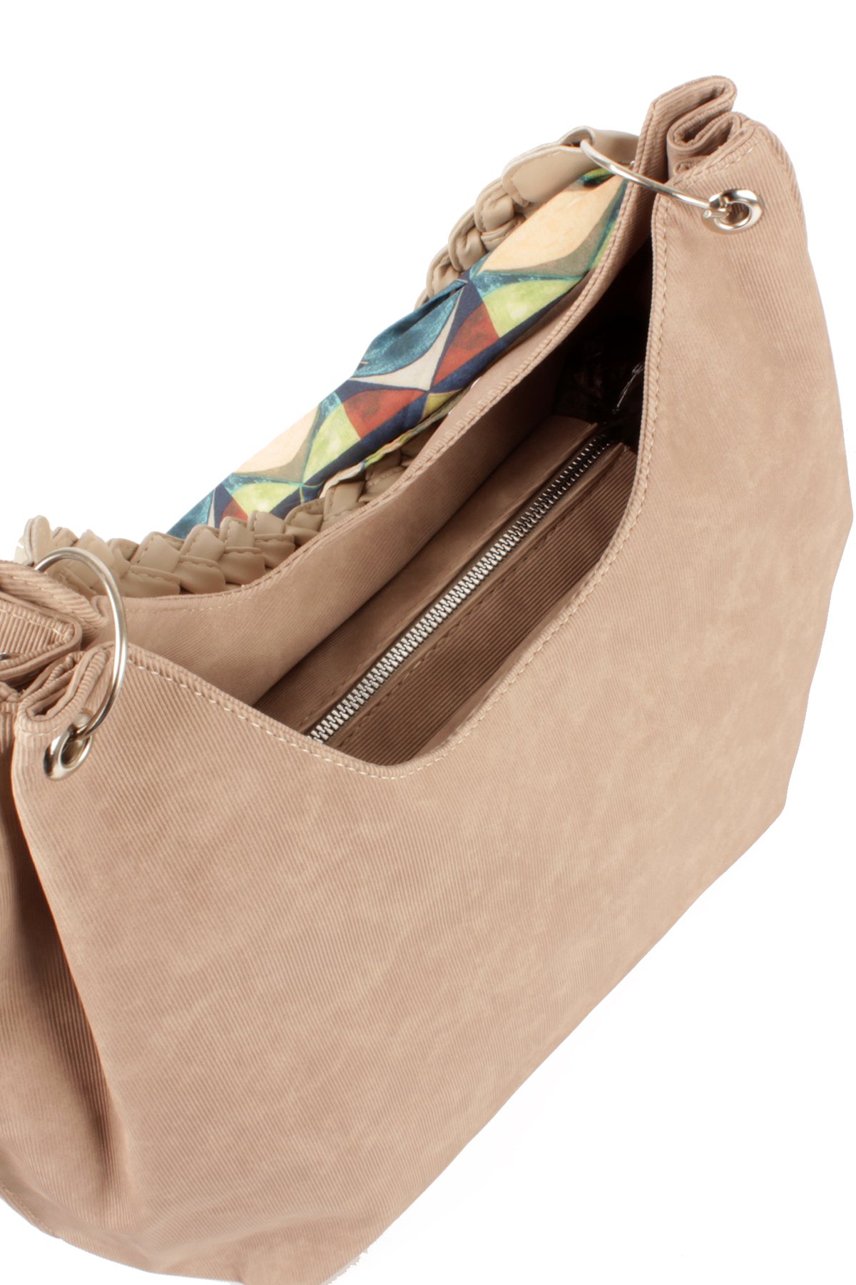 LWE1775-SyhTalhaLuwwe Bag'sKadın Vegan Nubuk Deri Salaş Tarz Örgü Askılı Fularlı Dış Cepli Fermuar Kapamalı Tote Çanta (1775)