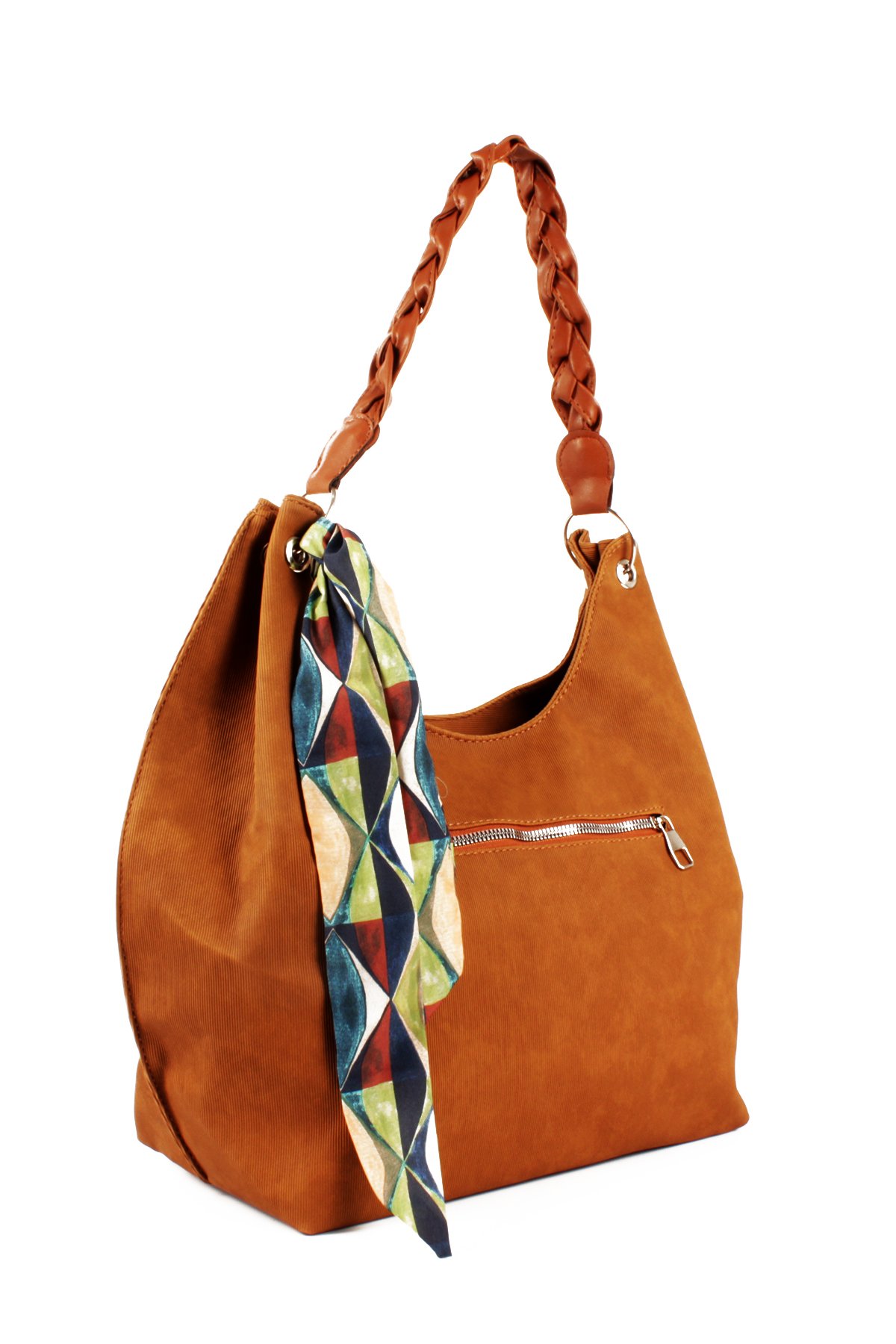 LWE1775-SyhTalhaLuwwe Bag'sKadın Vegan Nubuk Deri Salaş Tarz Örgü Askılı Fularlı Dış Cepli Fermuar Kapamalı Tote Çanta (1775)