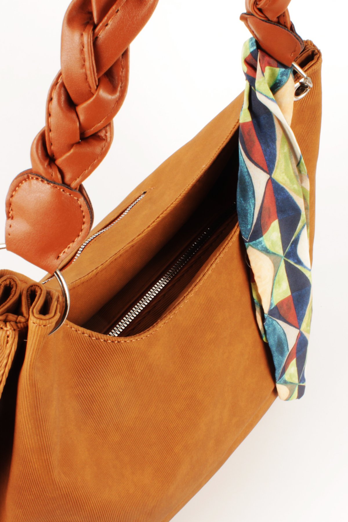 LWE1775-SyhTalhaLuwwe Bag'sKadın Vegan Nubuk Deri Salaş Tarz Örgü Askılı Fularlı Dış Cepli Fermuar Kapamalı Tote Çanta (1775)