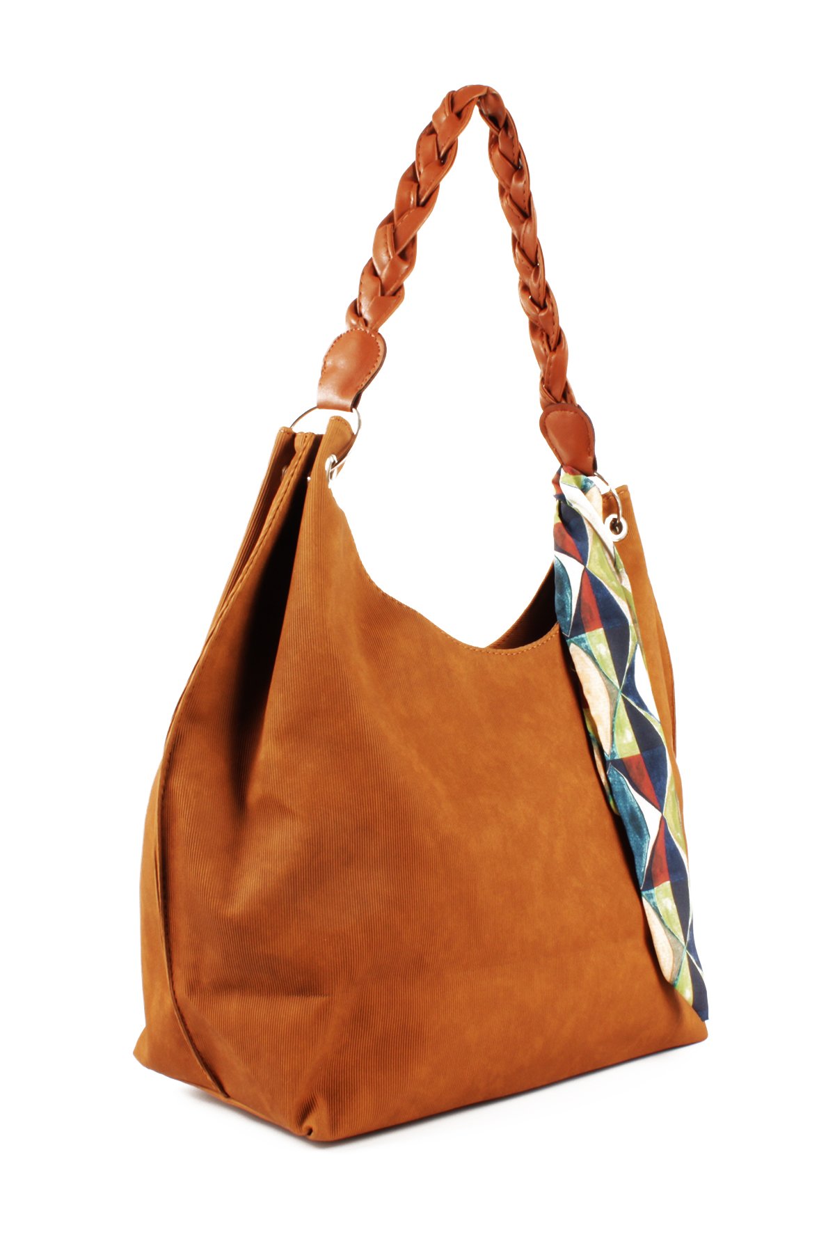 LWE1775-SyhTalhaLuwwe Bag'sKadın Vegan Nubuk Deri Salaş Tarz Örgü Askılı Fularlı Dış Cepli Fermuar Kapamalı Tote Çanta (1775)