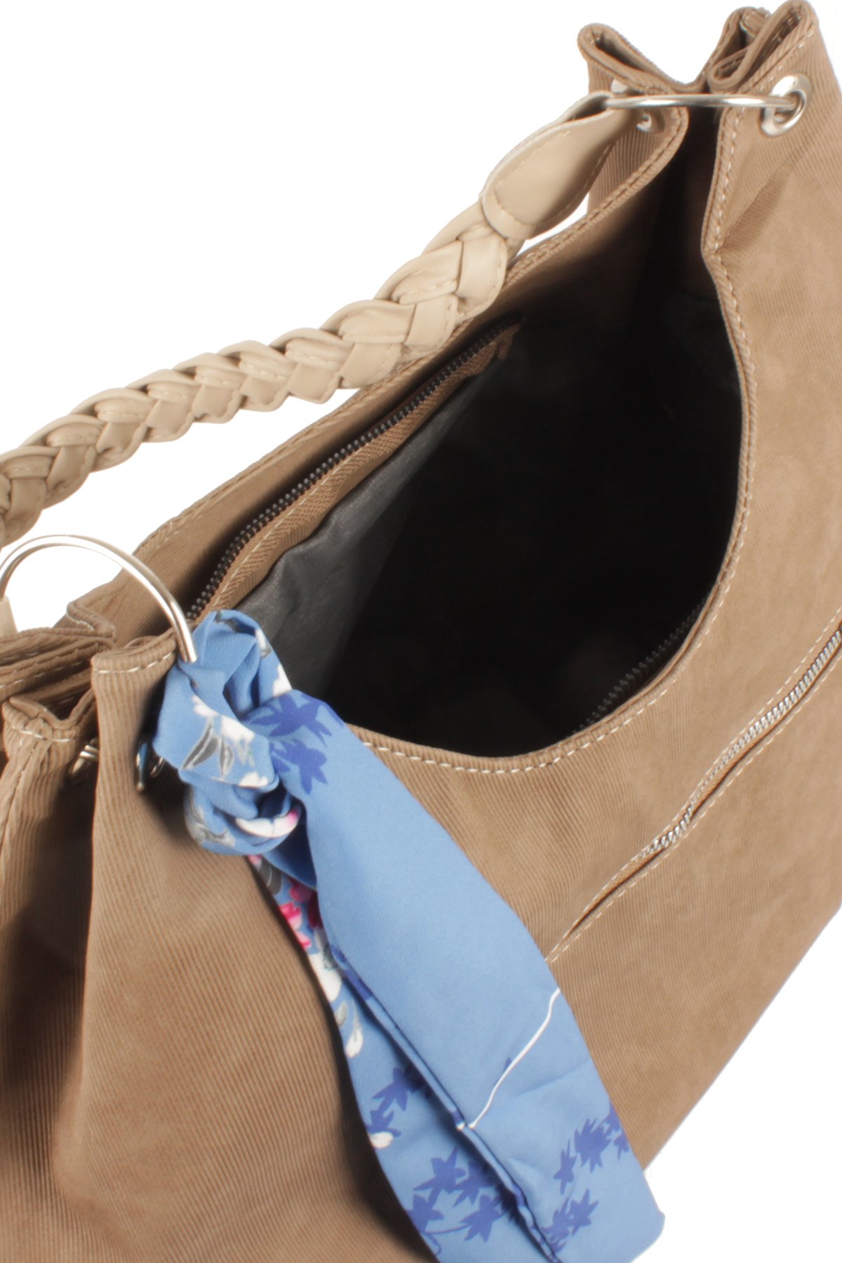 LWE1775-SyhTalhaLuwwe Bag'sKadın Vegan Nubuk Deri Salaş Tarz Örgü Askılı Fularlı Dış Cepli Fermuar Kapamalı Tote Çanta (1775)