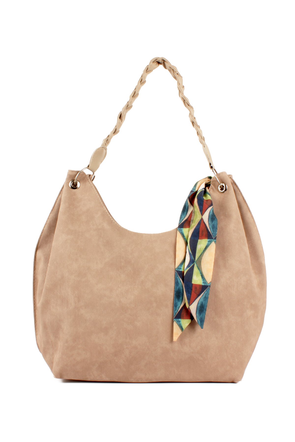 LWE1775-SyhTalhaLuwwe Bag'sKadın Vegan Nubuk Deri Salaş Tarz Örgü Askılı Fularlı Dış Cepli Fermuar Kapamalı Tote Çanta (1775)