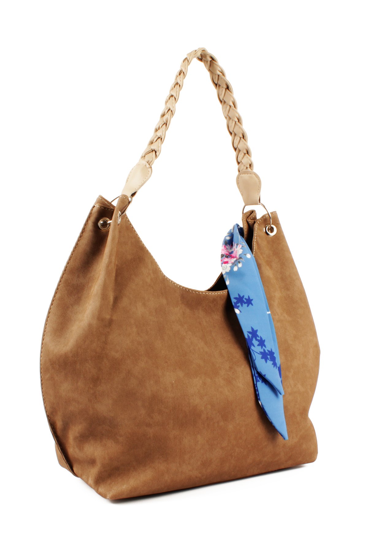 LWE1775-SyhTalhaLuwwe Bag'sKadın Vegan Nubuk Deri Salaş Tarz Örgü Askılı Fularlı Dış Cepli Fermuar Kapamalı Tote Çanta (1775)