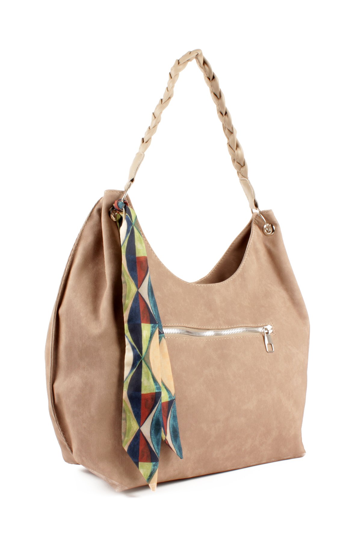 LWE1775-SyhTalhaLuwwe Bag'sKadın Vegan Nubuk Deri Salaş Tarz Örgü Askılı Fularlı Dış Cepli Fermuar Kapamalı Tote Çanta (1775)