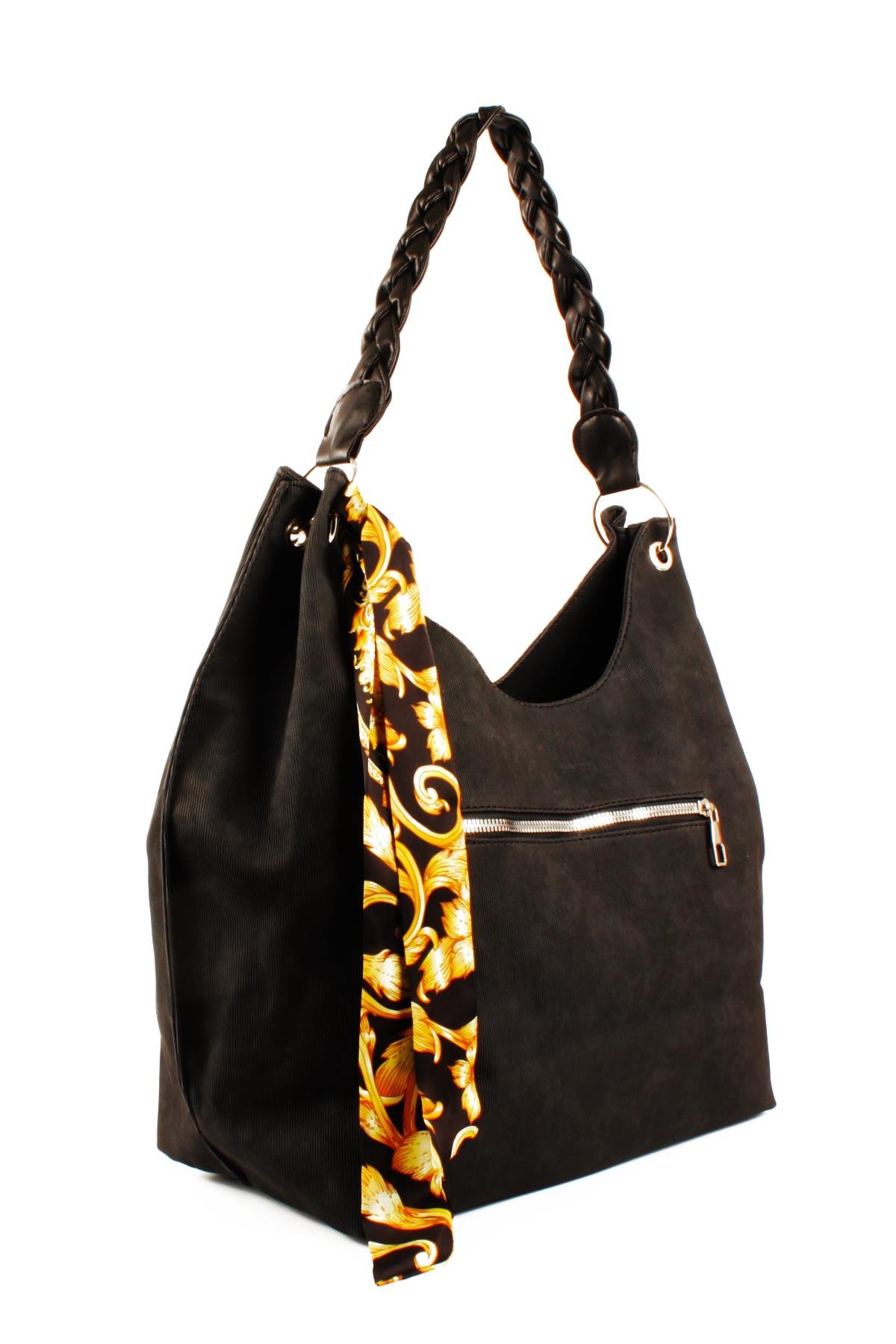 LWE1775-SyhTalhaLuwwe Bag'sKadın Vegan Nubuk Deri Salaş Tarz Örgü Askılı Fularlı Dış Cepli Fermuar Kapamalı Tote Çanta (1775)