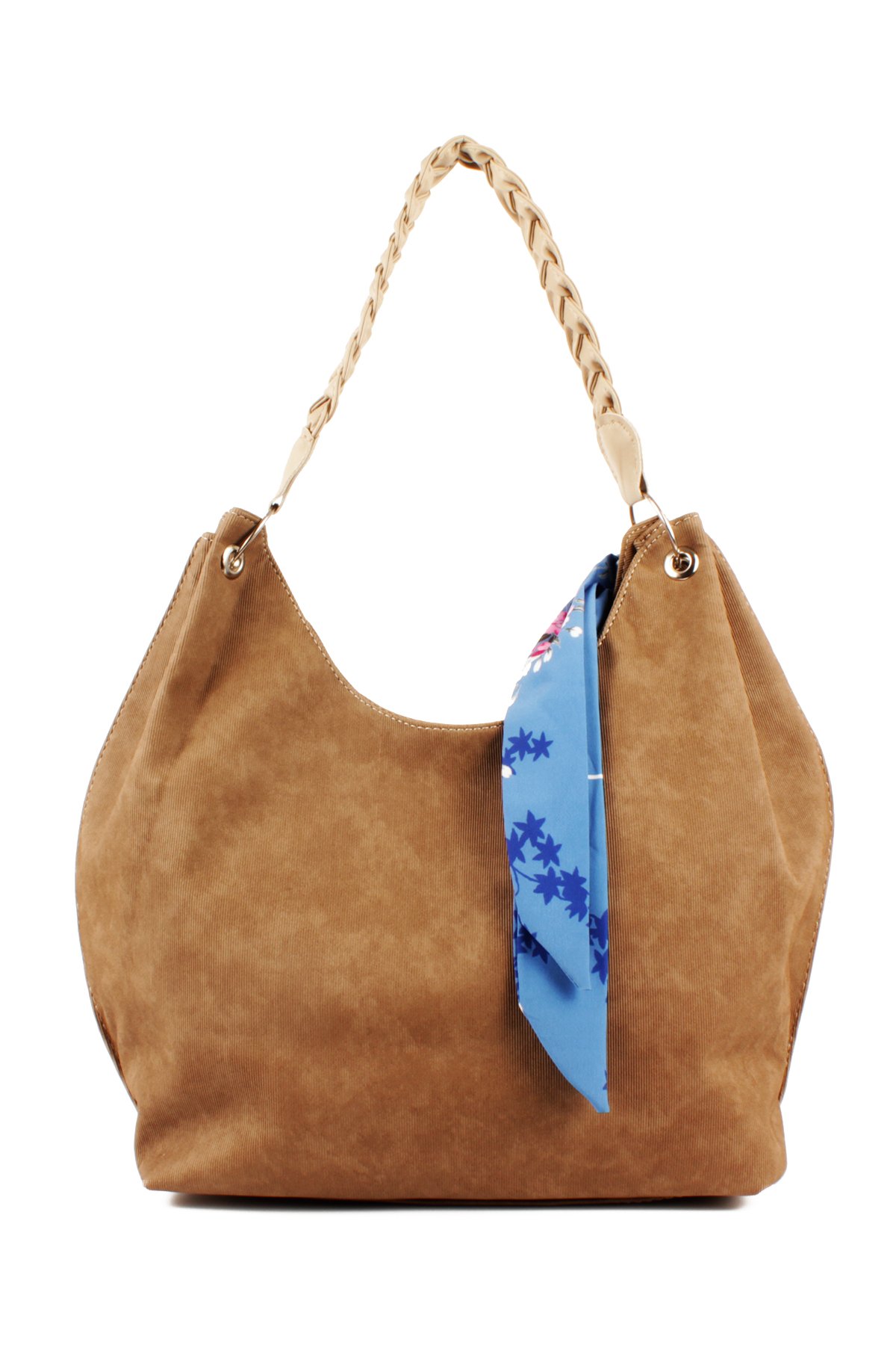 LWE1775-SyhTalhaLuwwe Bag'sKadın Vegan Nubuk Deri Salaş Tarz Örgü Askılı Fularlı Dış Cepli Fermuar Kapamalı Tote Çanta (1775)