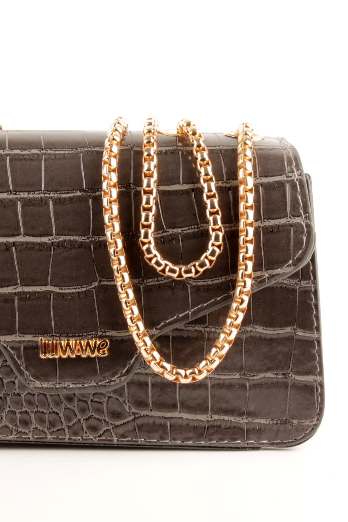LWE20743-SyhTalhaLuwwe Bag'sKadın Zincir Askılı Timsah Desenli Luwwe Yazı Detaylı Mini Omuz Çantası (20743)