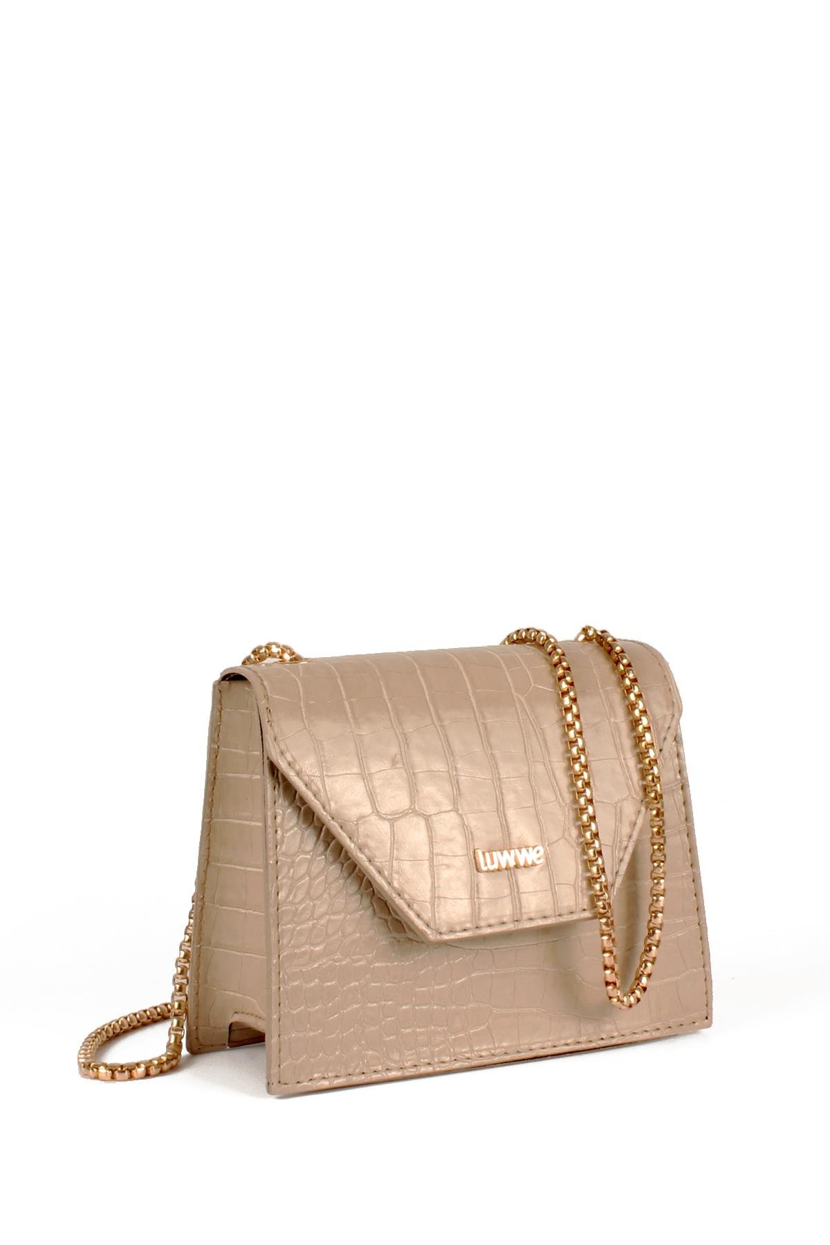 LWE20739-SyhTalhaLuwwe Bag'sKadın Zincir Askılı Timsah Desenli Yazı Detaylı Omuz Çantası (20739)