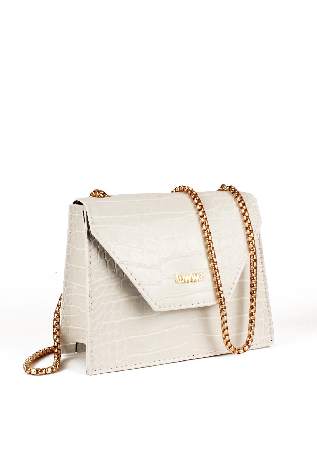 LWE20739-SyhTalhaLuwwe Bag'sKadın Zincir Askılı Timsah Desenli Yazı Detaylı Omuz Çantası (20739)