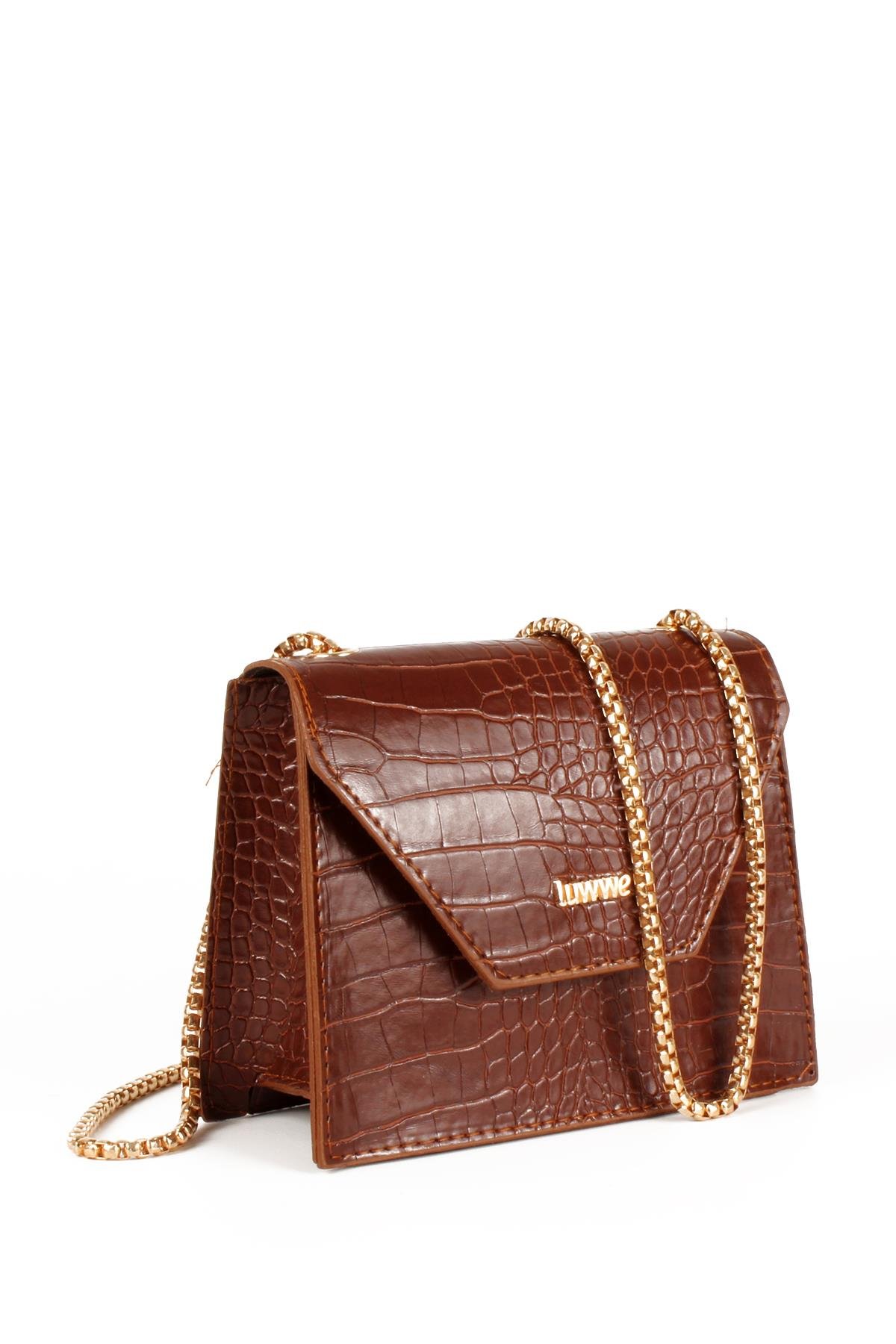 LWE20739-SyhTalhaLuwwe Bag'sKadın Zincir Askılı Timsah Desenli Yazı Detaylı Omuz Çantası (20739)