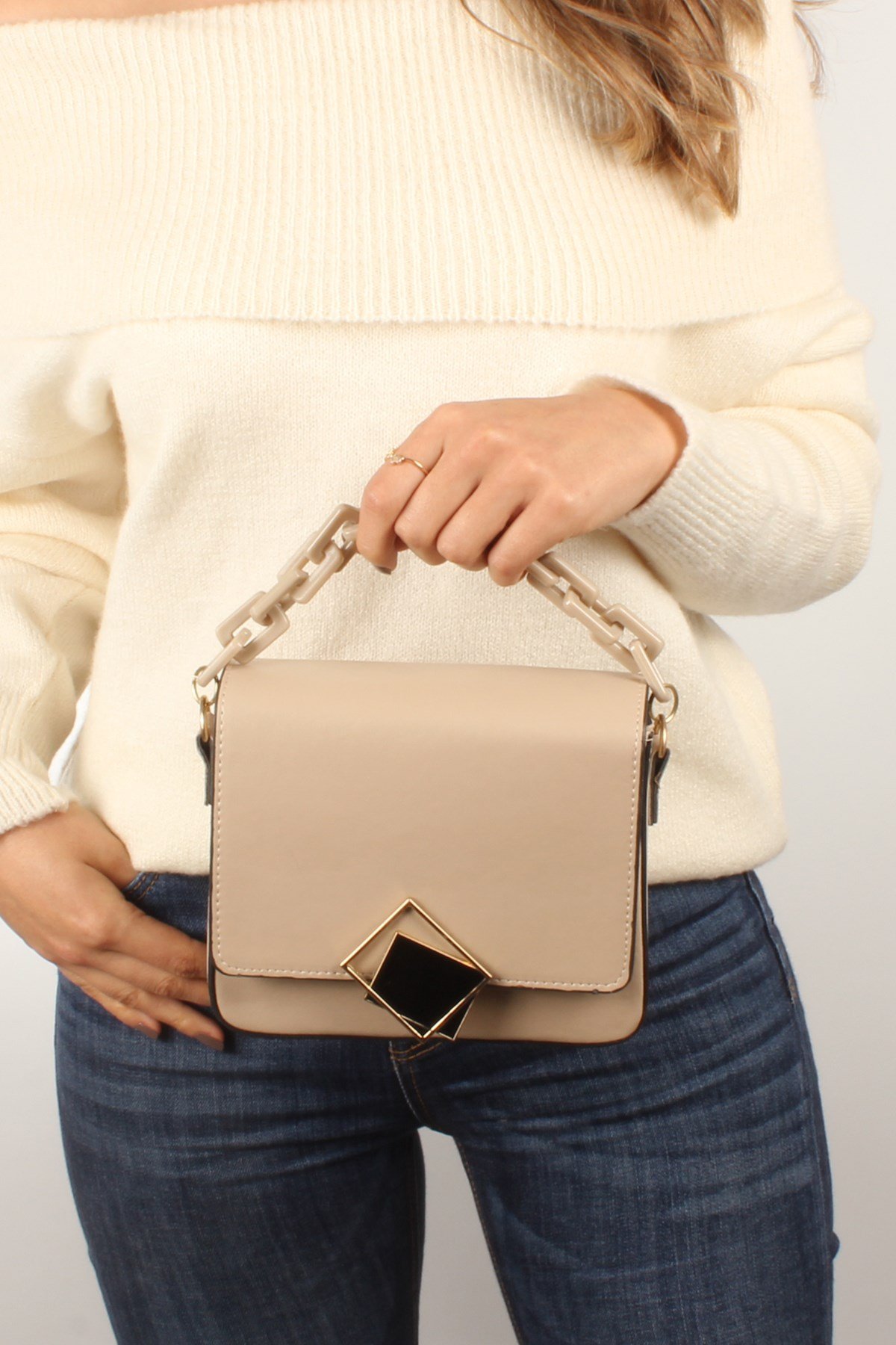 LWE20422-SLuwweLuwwe Bag'sKadın Zincir El Saplı Naturel Renk Kare El ve Omuz Çantası (20422)