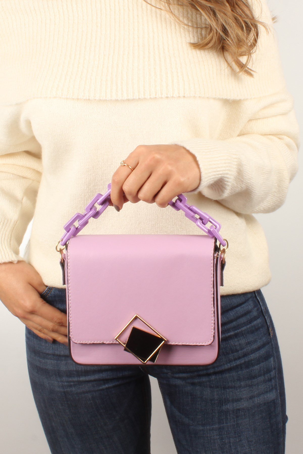 LWE20422-SLuwweLuwwe Bag'sKadın Zincir El Saplı Naturel Renk Kare El ve Omuz Çantası (20422)