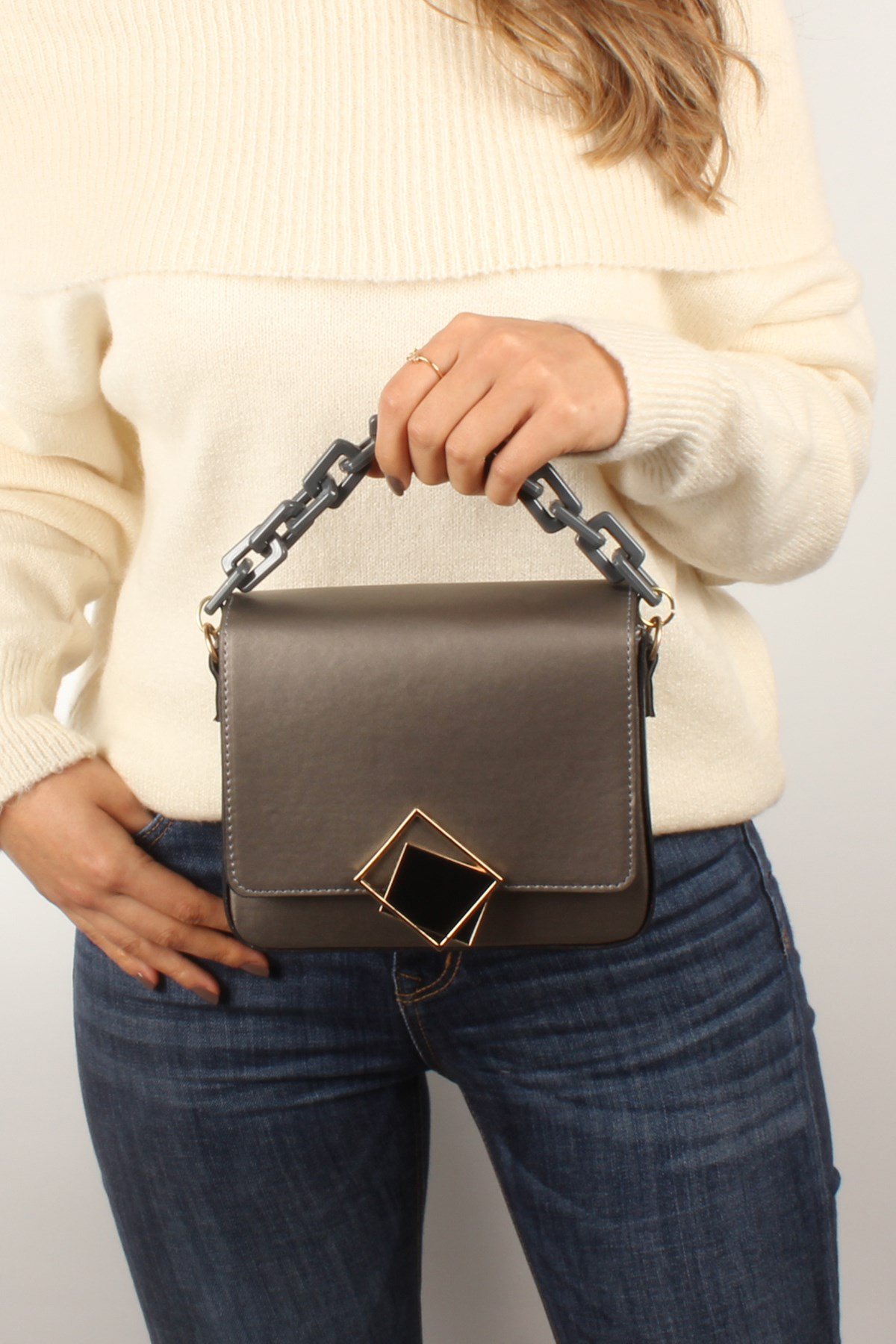 LWE20422-SLuwweLuwwe Bag'sKadın Zincir El Saplı Naturel Renk Kare El ve Omuz Çantası (20422)