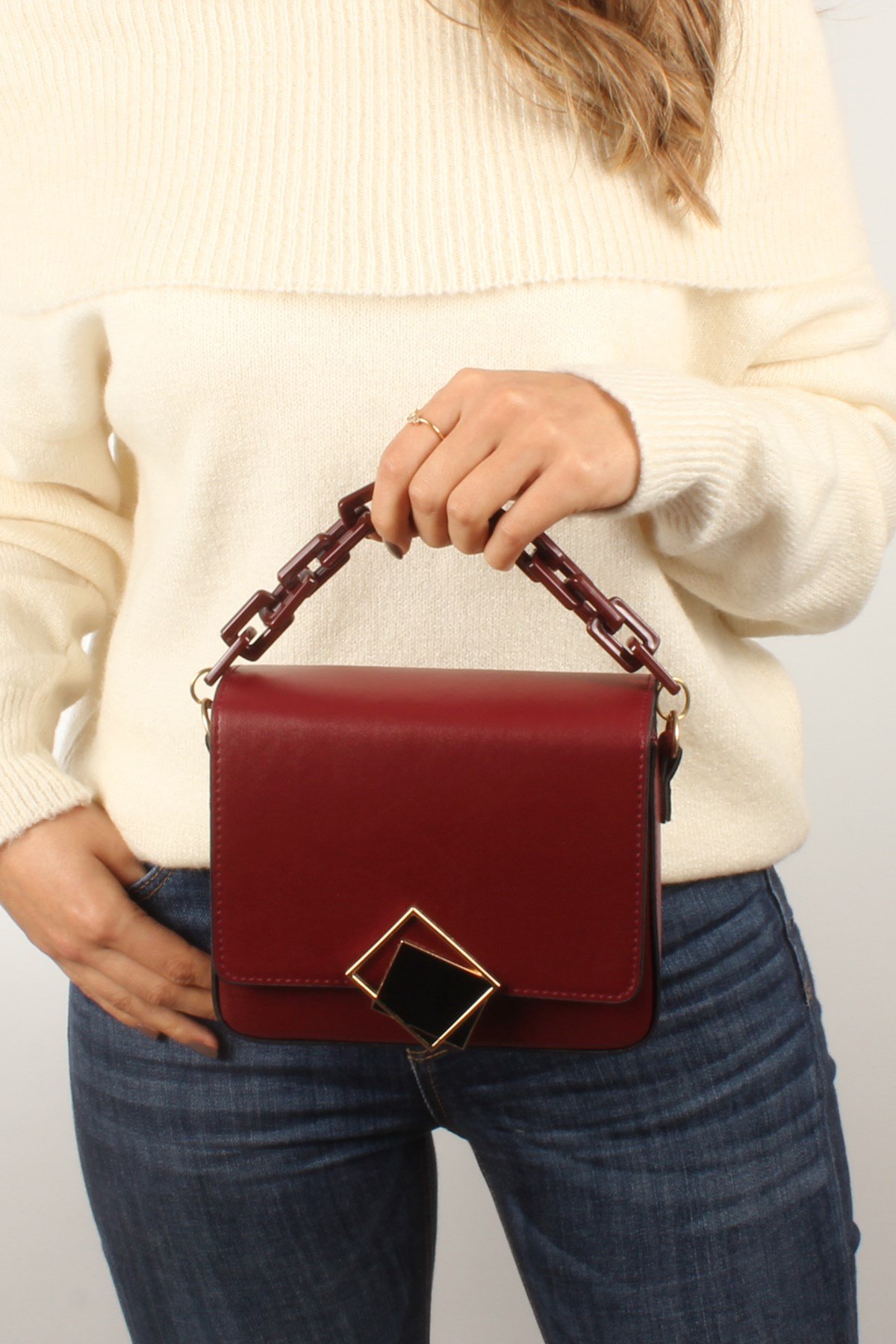 LWE20422-SLuwweLuwwe Bag'sKadın Zincir El Saplı Naturel Renk Kare El ve Omuz Çantası (20422)