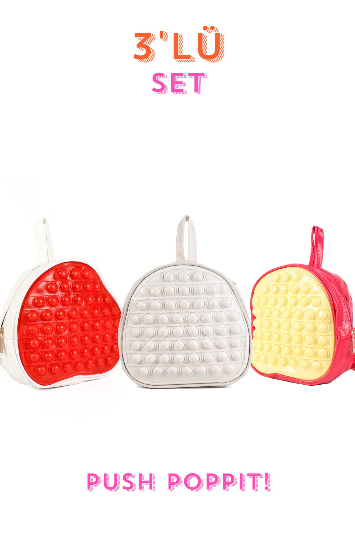 MKR60658-Kar.AsoTalhaLuwwe Bag'sUnisex Çocuk 3'lü Çanta Set-Pop It Bubble Oyuncak Kreş Anaokulu Sırt Çantası 20x20cm 54 Baloncuklu