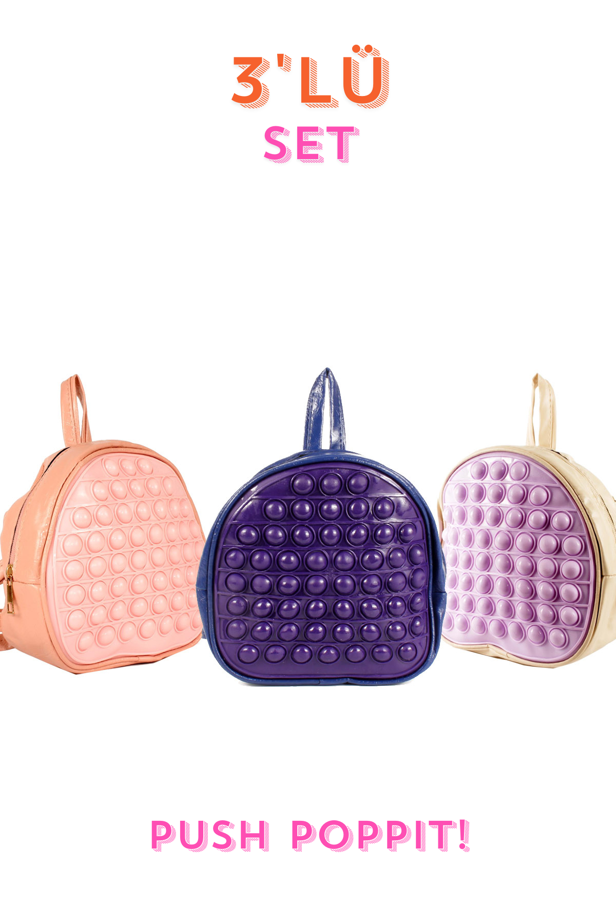 MKR60658-Kar.AsoTalhaLuwwe Bag'sUnisex Çocuk 3'lü Çanta Set-Pop It Bubble Oyuncak Kreş Anaokulu Sırt Çantası 20x20cm 54 Baloncuklu