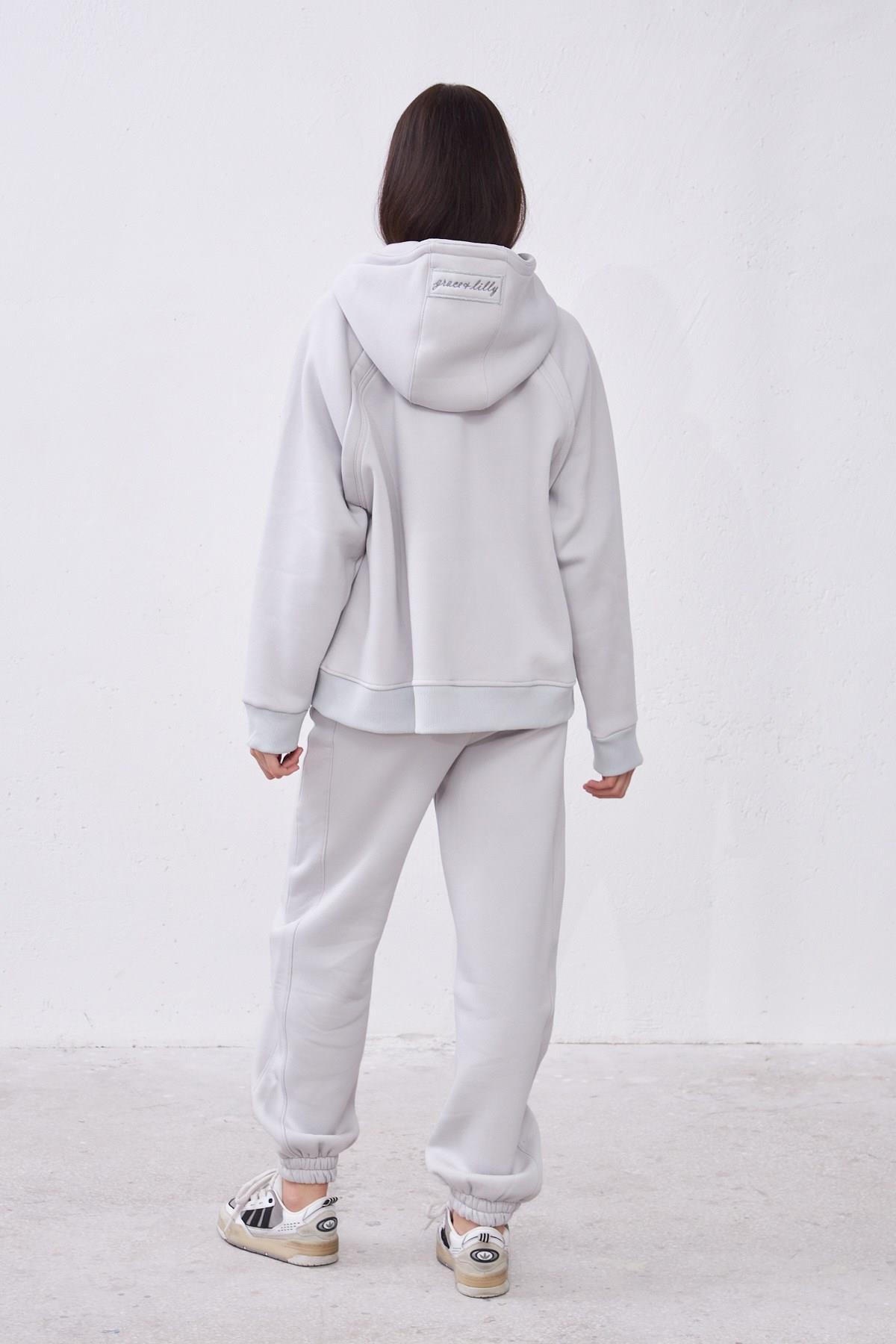 Agnes Gri Oversize Pamuklu Kapşonlu Hodie Sweatshirt ve Jogger Eşofman Takım