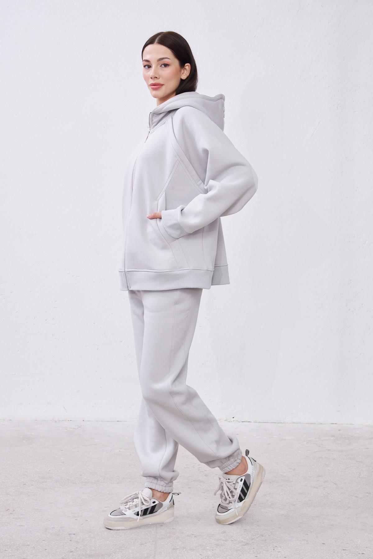 Agnes Gri Oversize Pamuklu Kapşonlu Hodie Sweatshirt ve Jogger Eşofman Takım