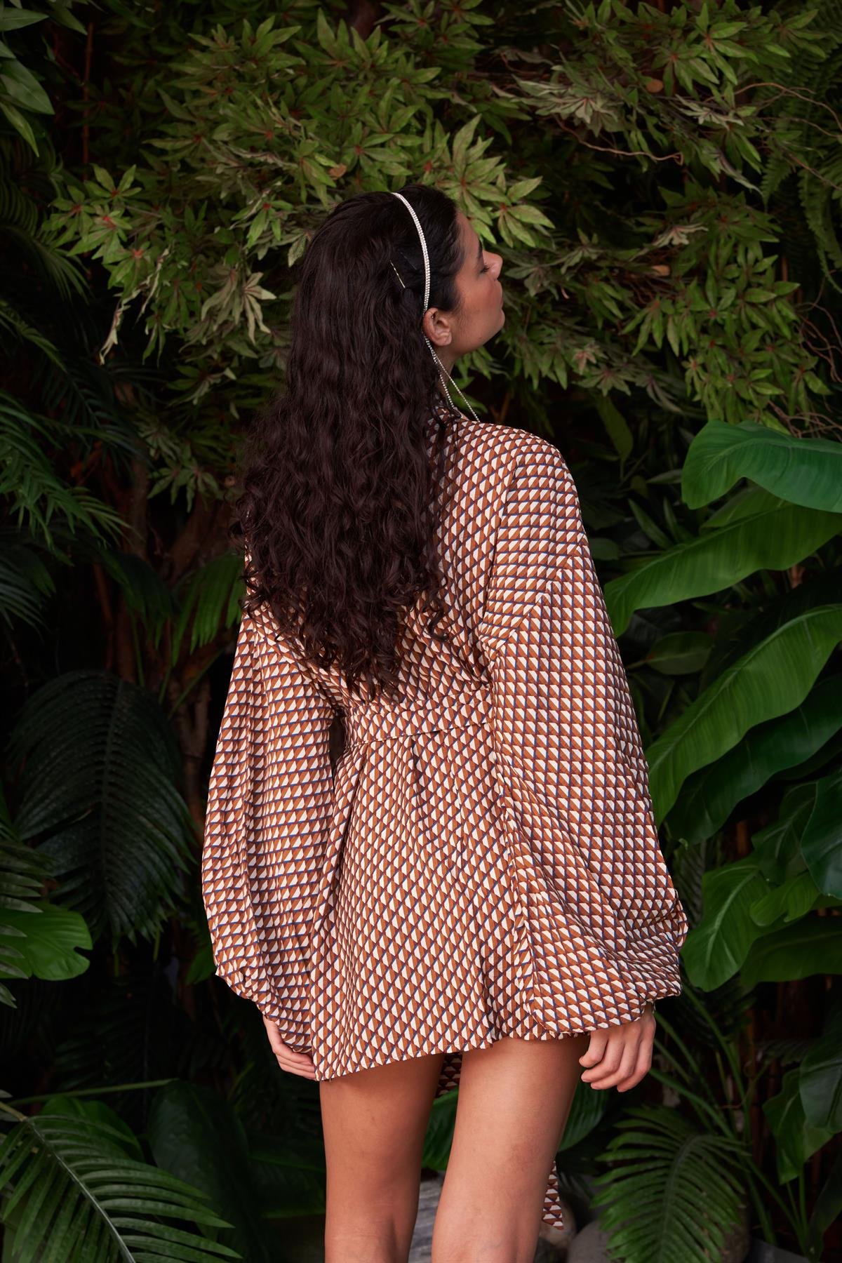 Bodhi Desenli Balon Kollu Bambu Keten Mini Kimono