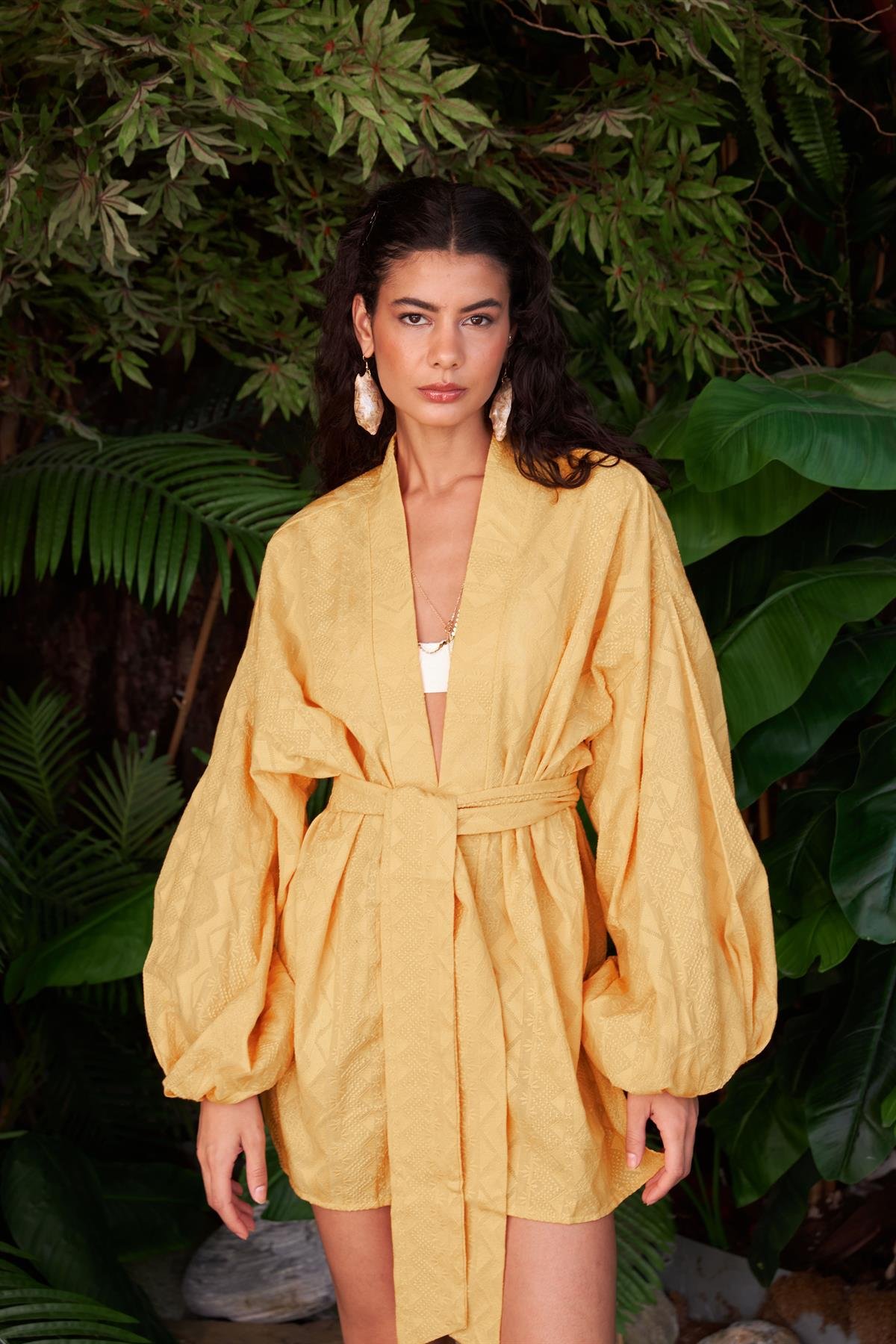 Bodhi Hardal Balon Kollu Nakışlı Mini Kimono