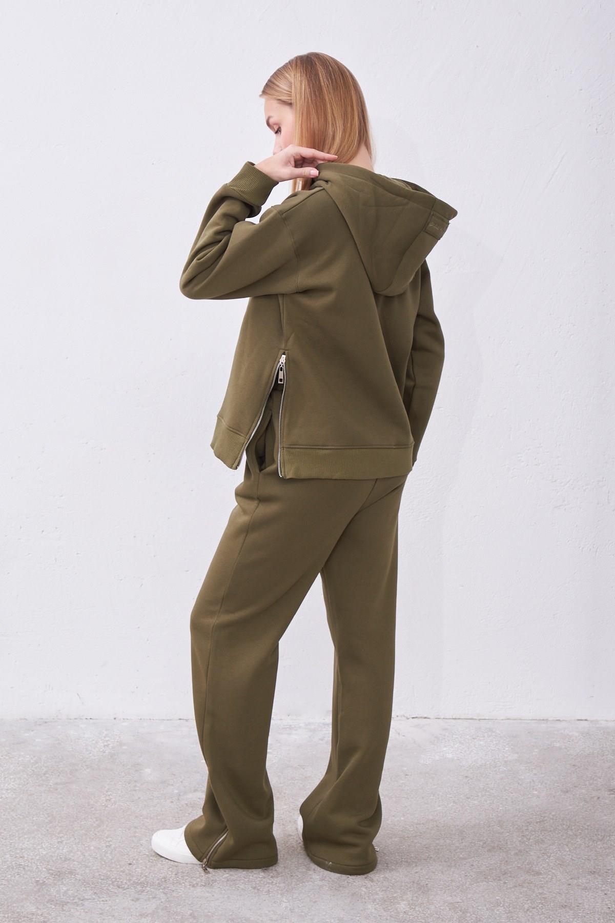 Claire Haki Oversize Pamuklu Kapşonlu Crop Sweatshirt ve Eşofman Pantolon Takım