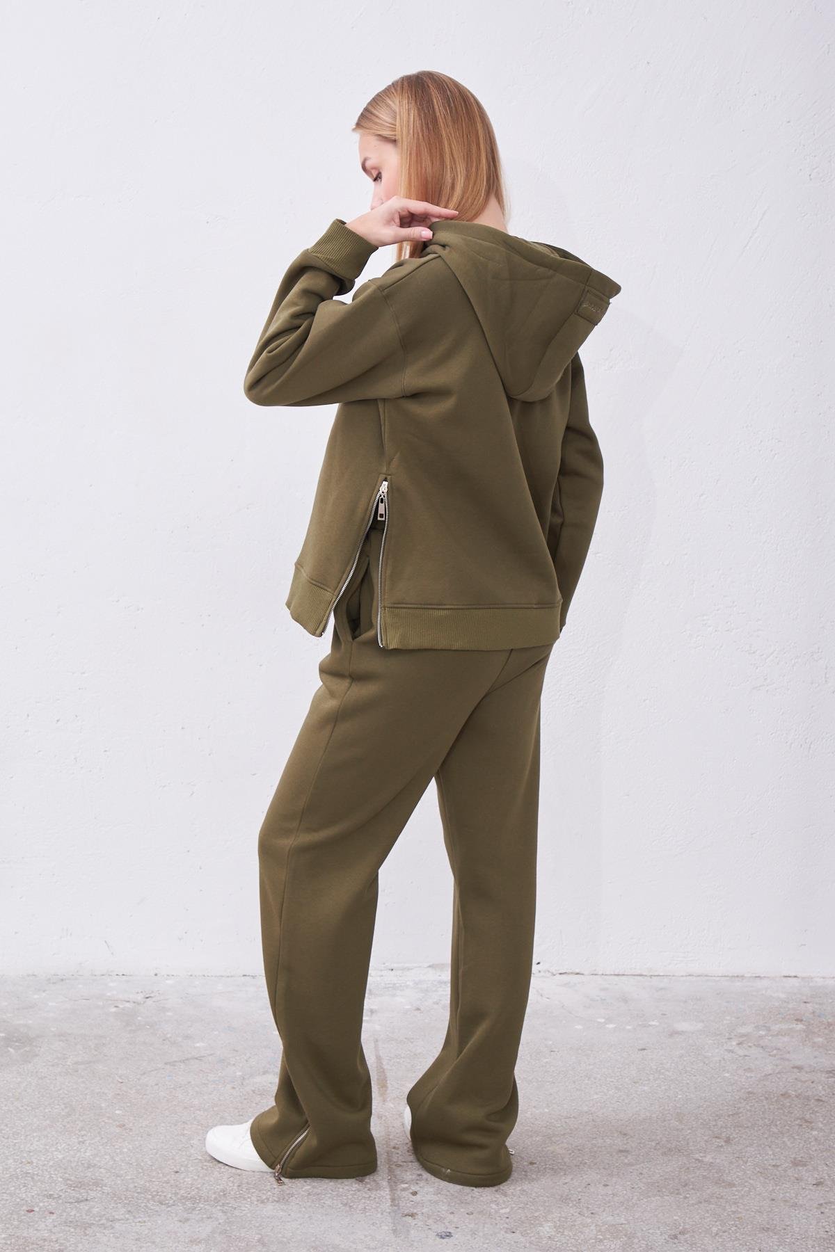 Claire Haki Oversize Pamuklu Kapşonlu Crop Sweatshirt ve Eşofman Pantolon Takım