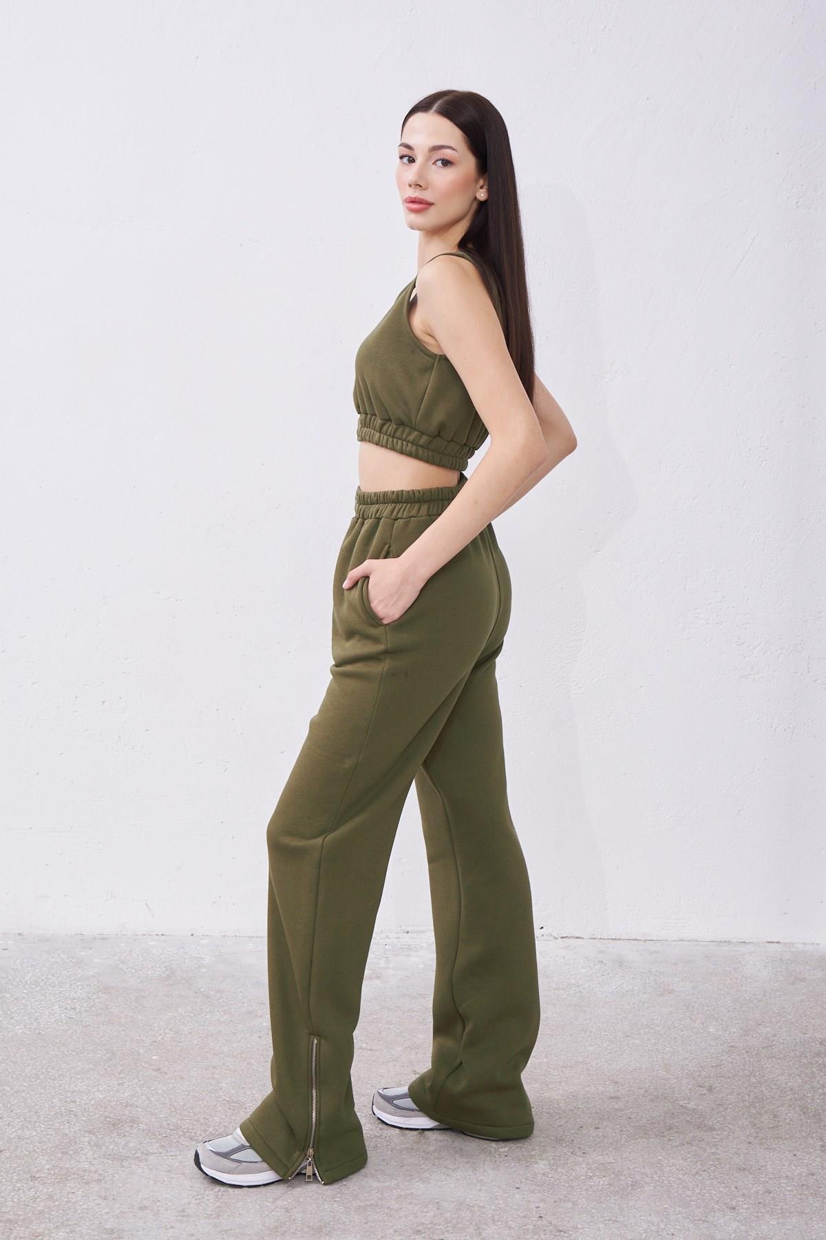 Claire Haki Oversize Pamuklu Kapşonlu Crop Sweatshirt ve Eşofman Pantolon Takım