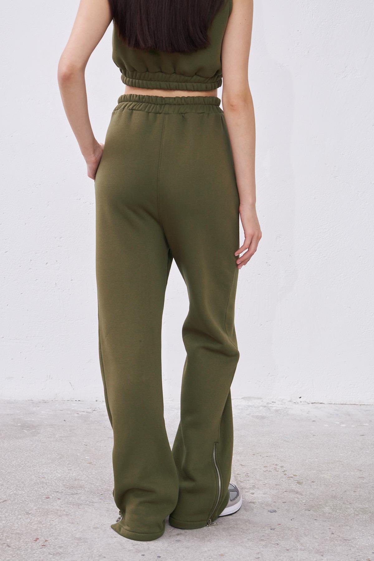 Claire Haki Oversize Pamuklu Kapşonlu Crop Sweatshirt ve Eşofman Pantolon Takım