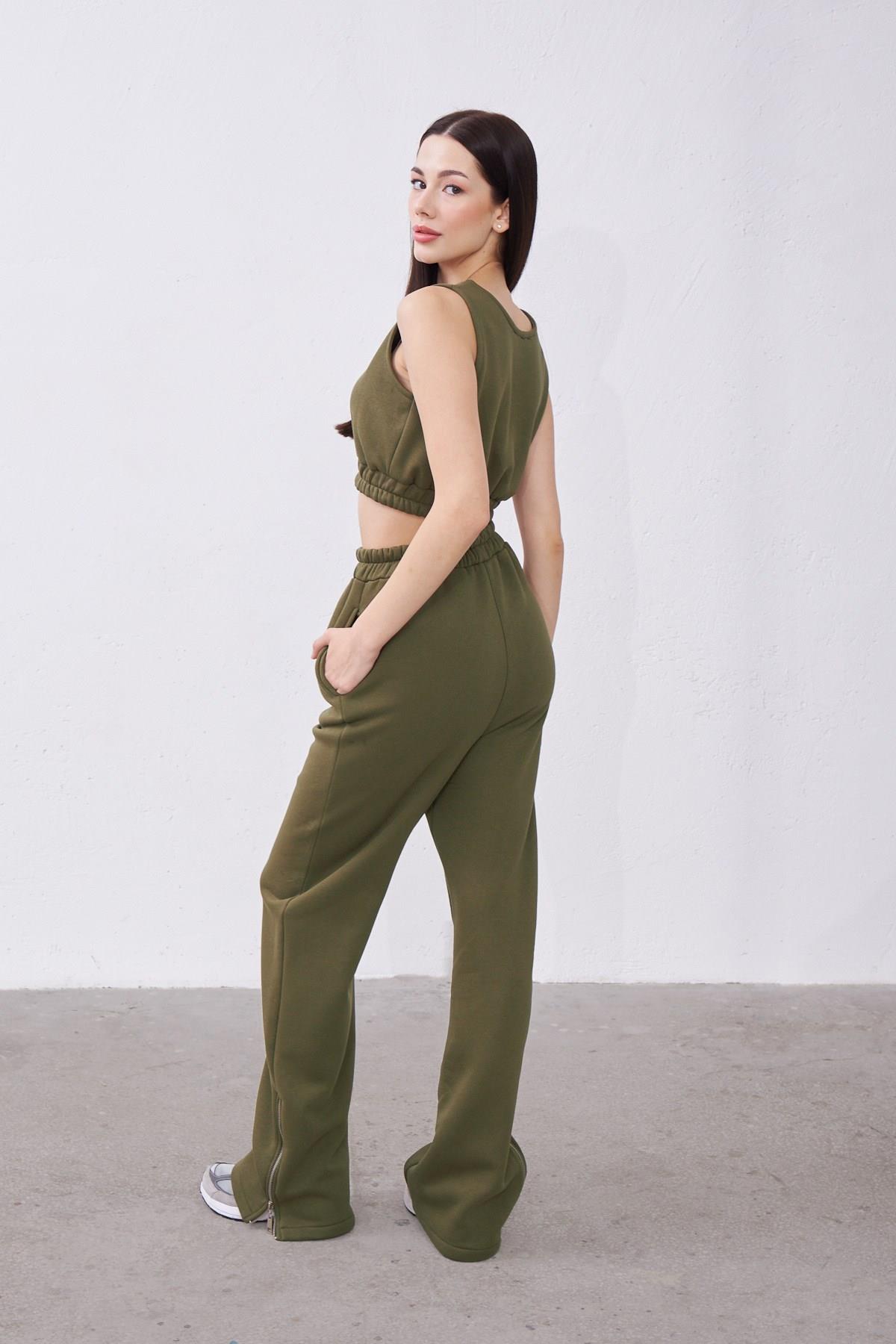 Claire Haki Oversize Pamuklu Kapşonlu Crop Sweatshirt ve Eşofman Pantolon Takım