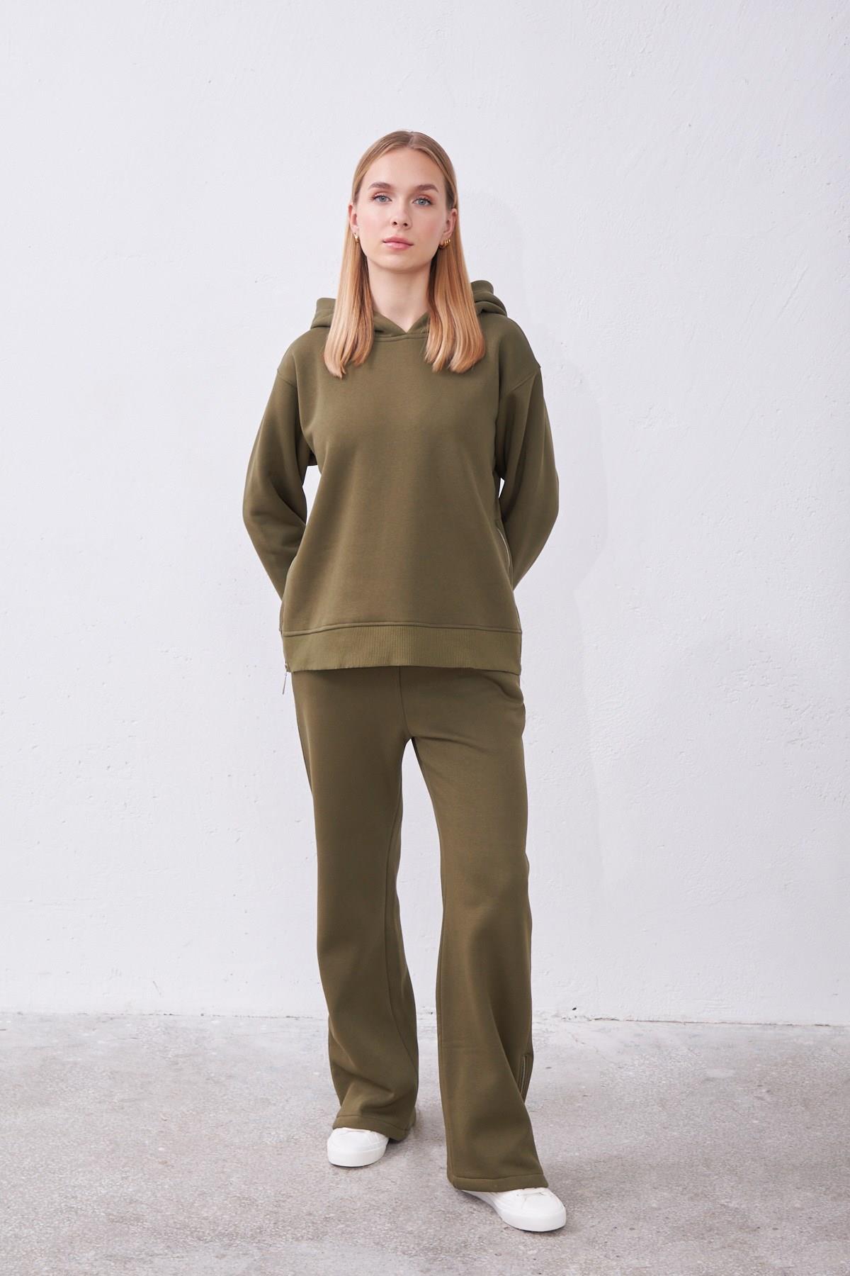Claire Haki Oversize Pamuklu Kapşonlu Crop Sweatshirt ve Eşofman Pantolon Takım
