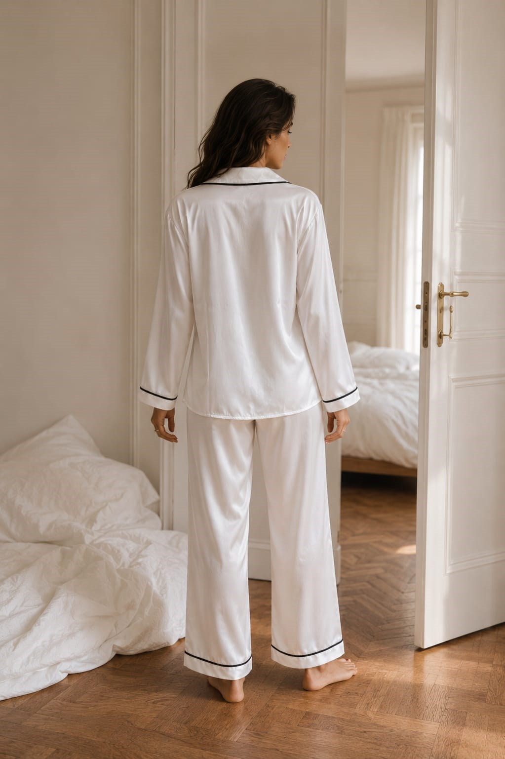 Hazel Beyaz Saten Pijama Takımı