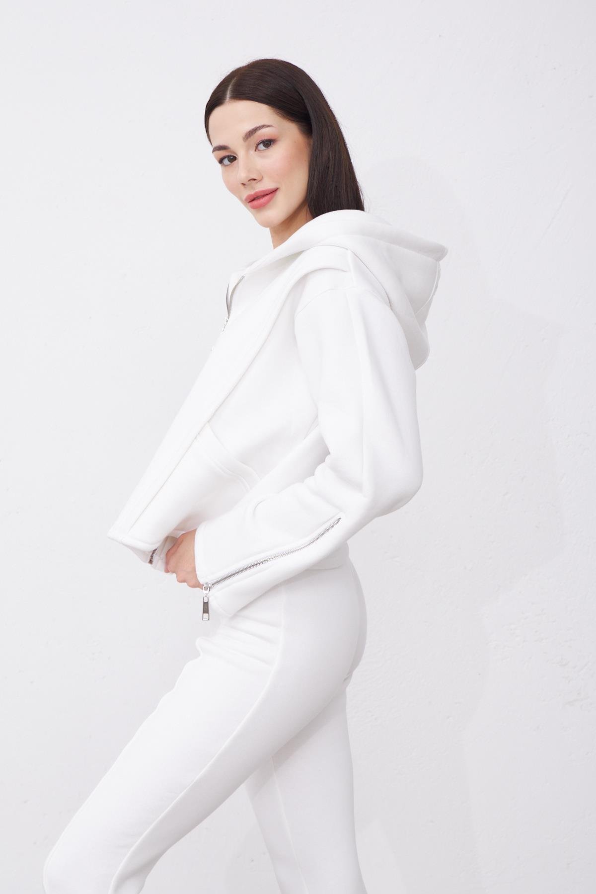 Kylie Beyaz Oversize Pamuklu Kapşonlu Hodie Sweatshirt ve Jogger Eşofman Takım
