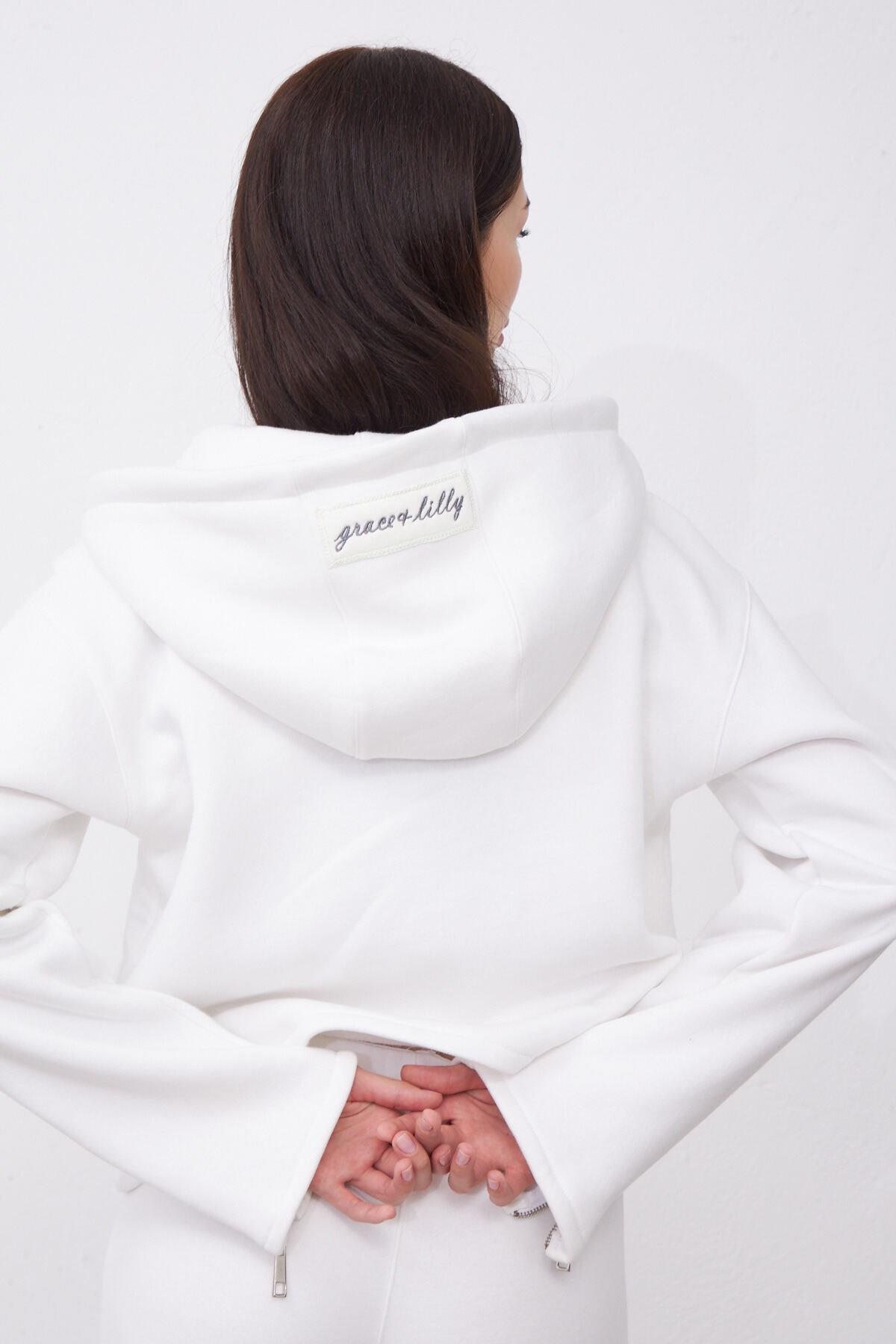 Kylie Beyaz Oversize Pamuklu Kapşonlu Hodie Sweatshirt ve Jogger Eşofman Takım