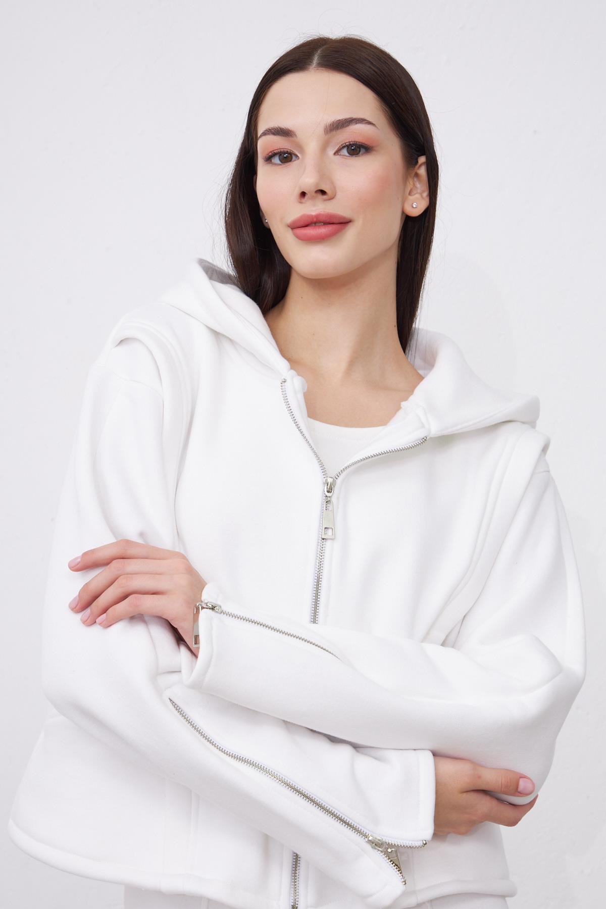 Kylie Beyaz Oversize Pamuklu Kapşonlu Hodie Sweatshirt ve Jogger Eşofman Takım