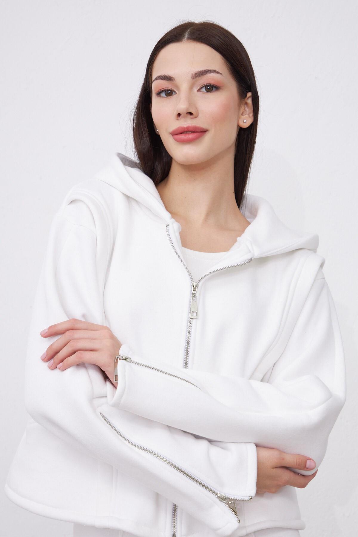 Kylie Beyaz Oversize Pamuklu Kapşonlu Hodie Sweatshirt ve Jogger Eşofman Takım