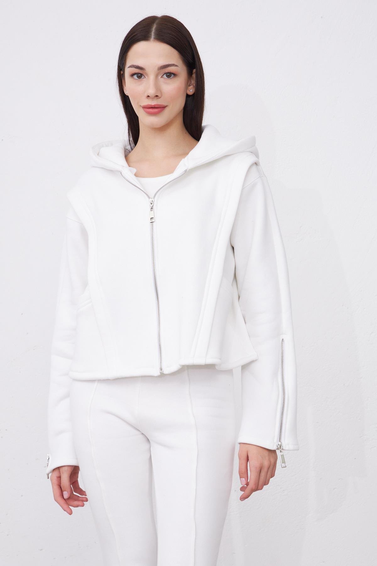 Kylie Beyaz Oversize Pamuklu Kapşonlu Hodie Sweatshirt ve Jogger Eşofman Takım
