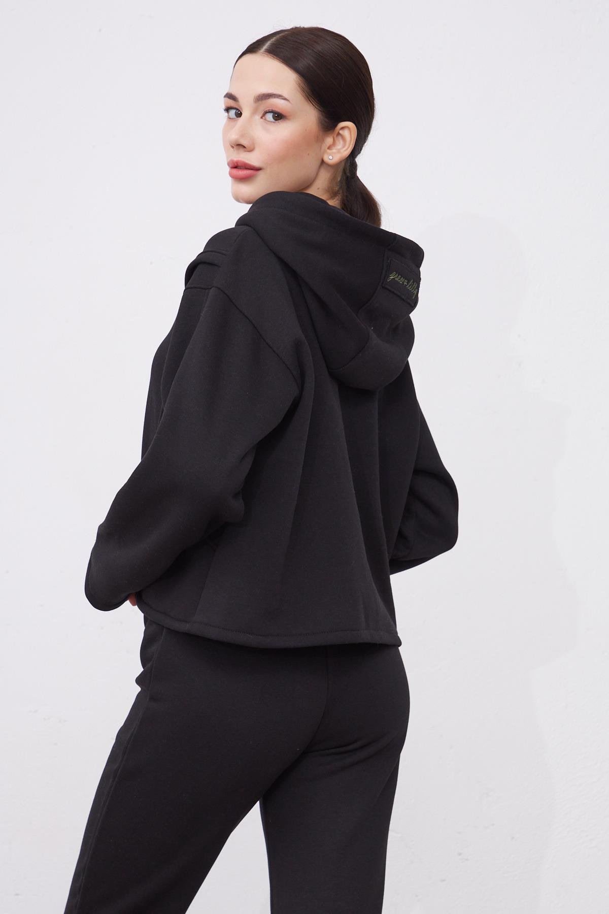 Kylie Siyah Oversize Pamuklu Kapşonlu Hodie Sweatshirt ve Jogger Eşofman Takım