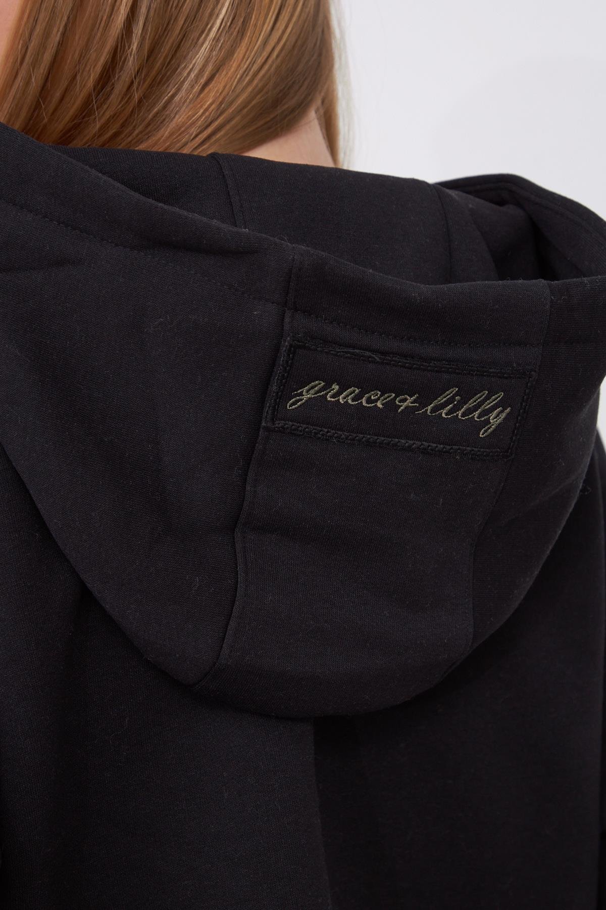 Kylie Siyah Oversize Pamuklu Kapşonlu Hodie Sweatshirt ve Jogger Eşofman Takım