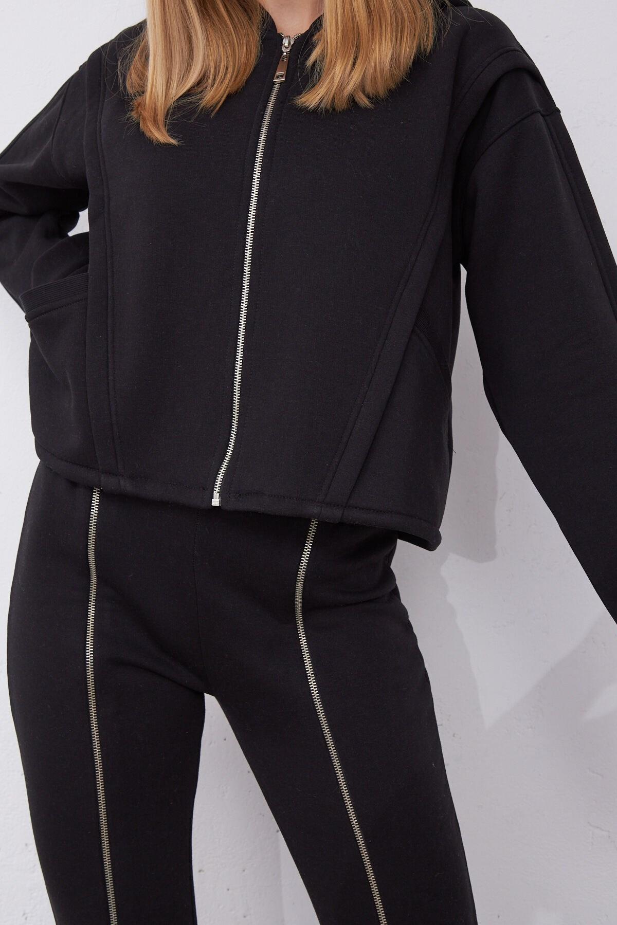 Kylie Siyah Oversize Pamuklu Kapşonlu Hodie Sweatshirt ve Jogger Eşofman Takım