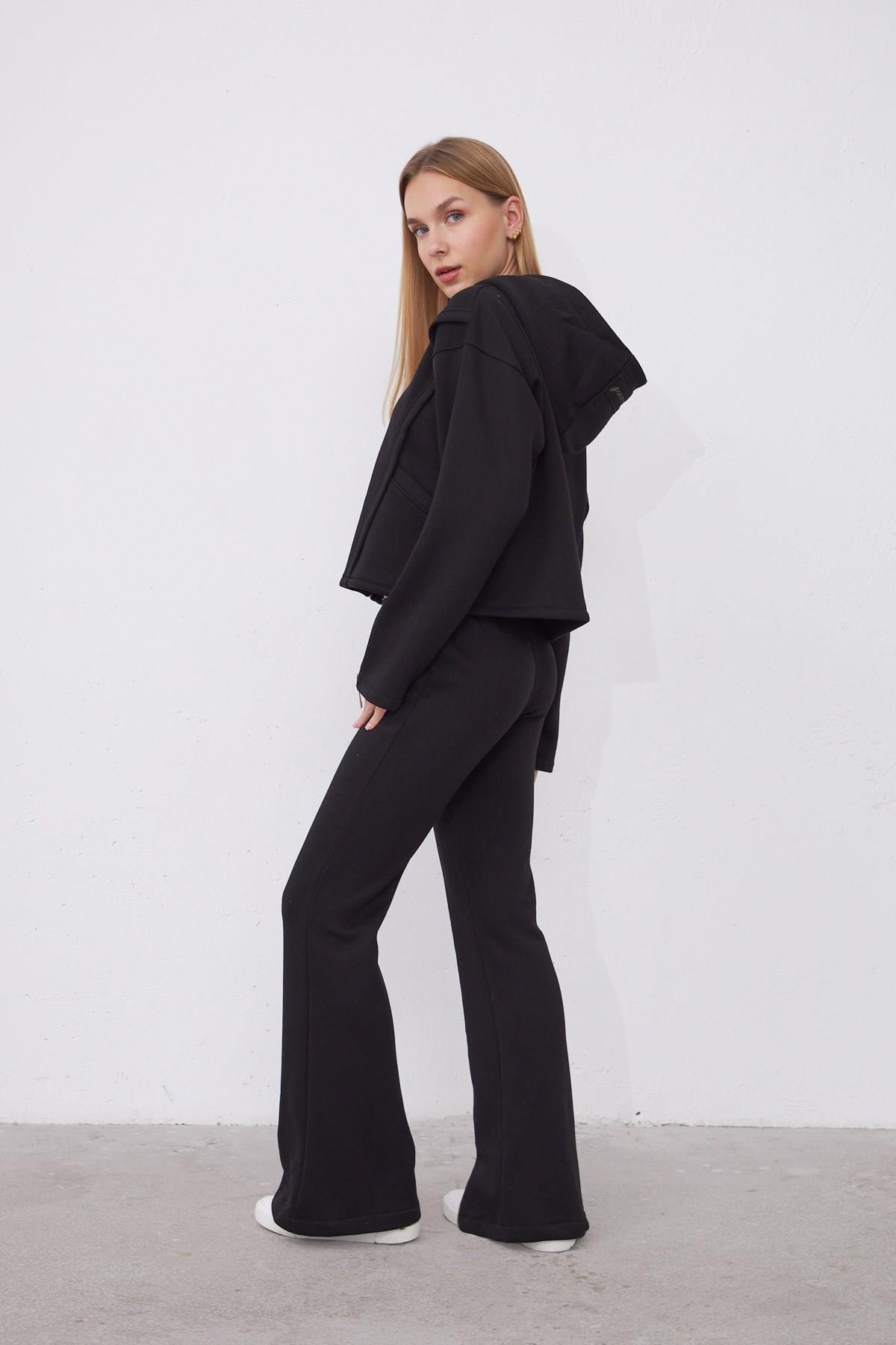 Kylie Siyah Oversize Pamuklu Kapşonlu Hodie Sweatshirt ve Jogger Eşofman Takım