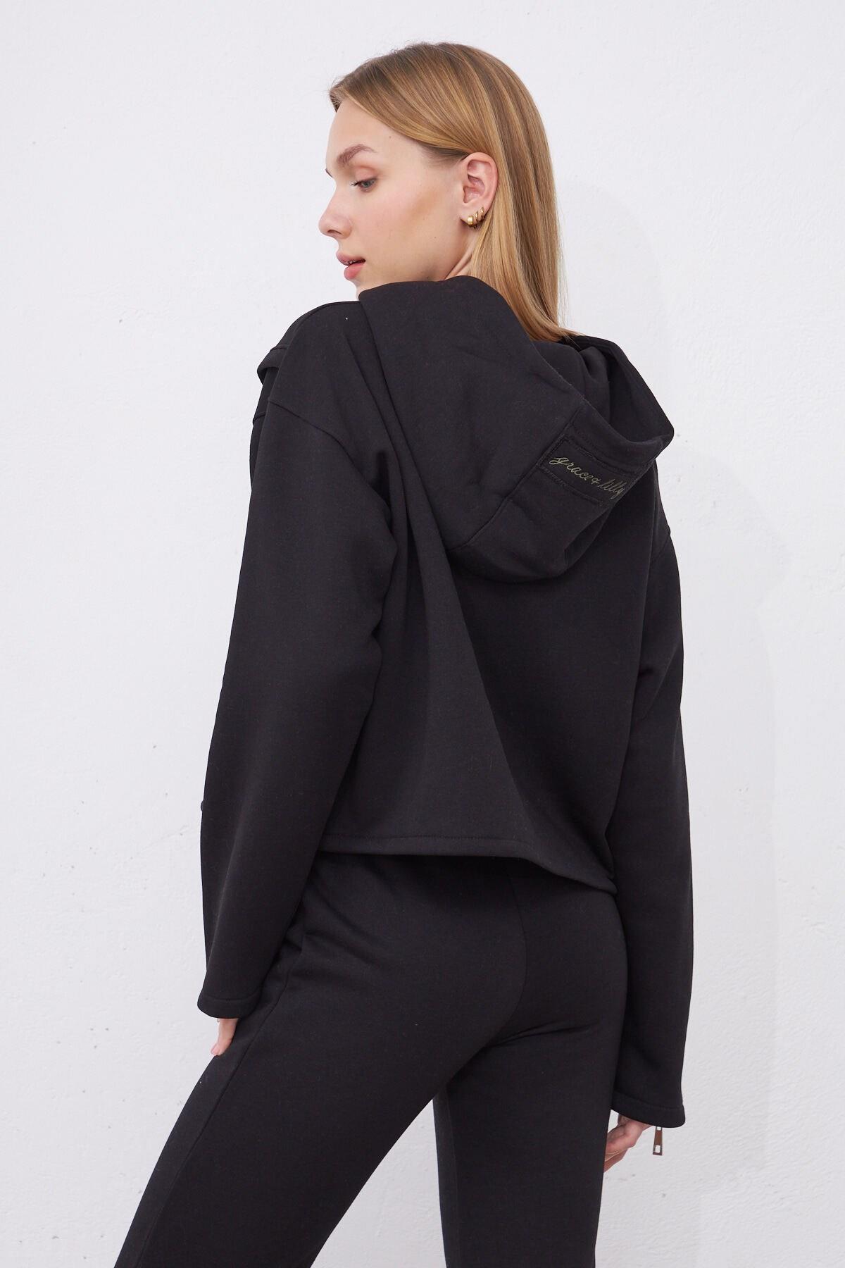 Kylie Siyah Oversize Pamuklu Kapşonlu Hodie Sweatshirt ve Jogger Eşofman Takım