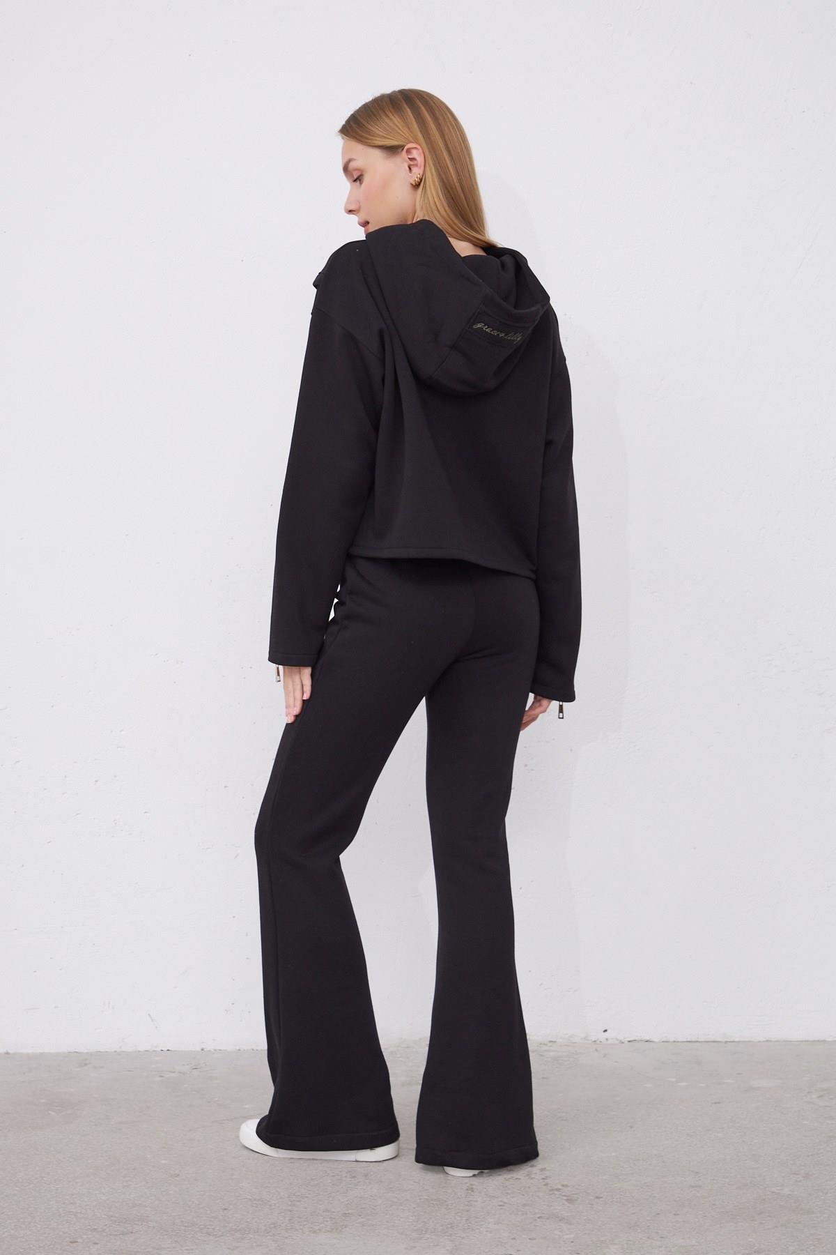 Kylie Siyah Oversize Pamuklu Kapşonlu Hodie Sweatshirt ve Jogger Eşofman Takım