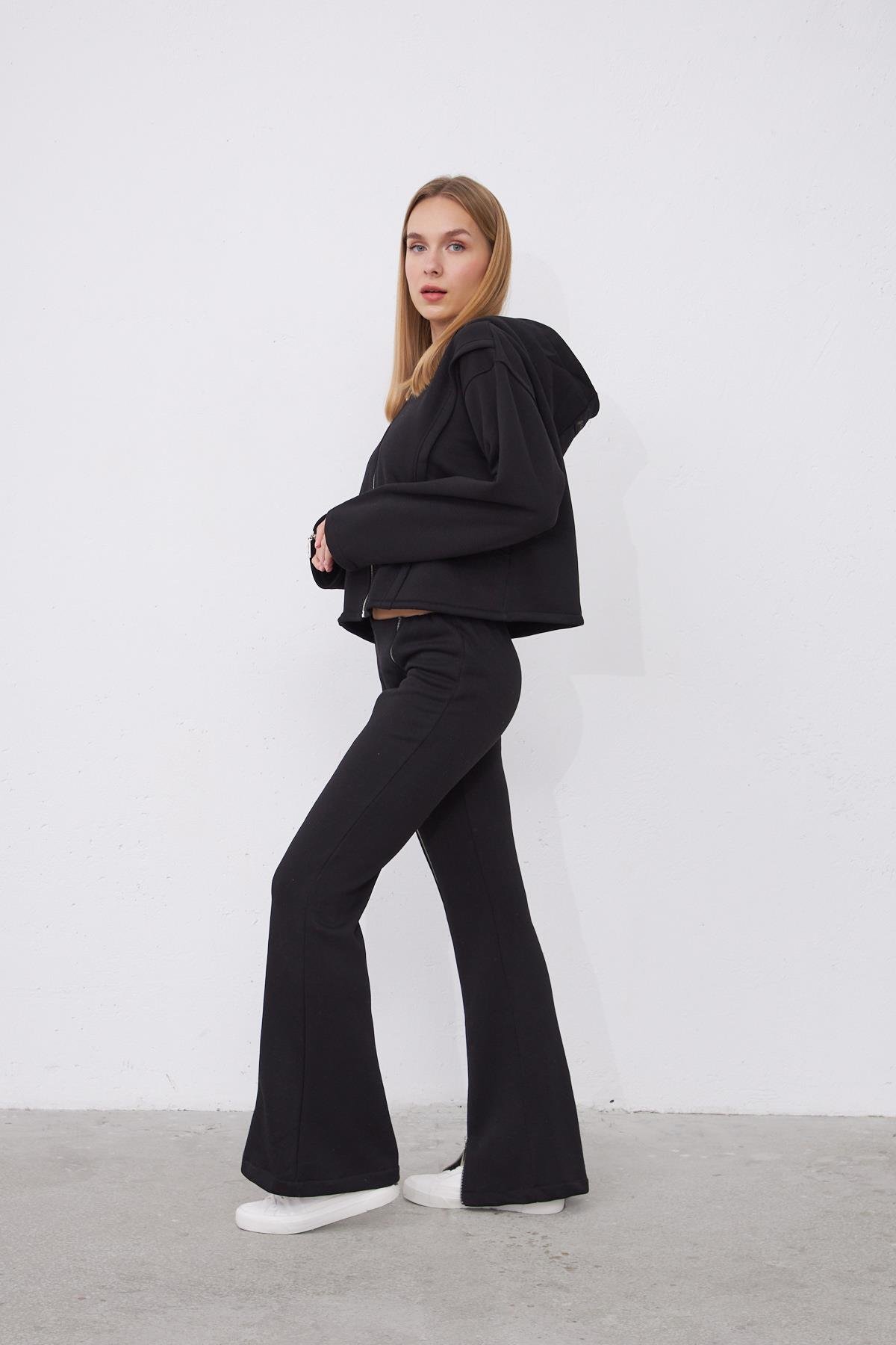 Kylie Siyah Oversize Pamuklu Kapşonlu Hodie Sweatshirt ve Jogger Eşofman Takım