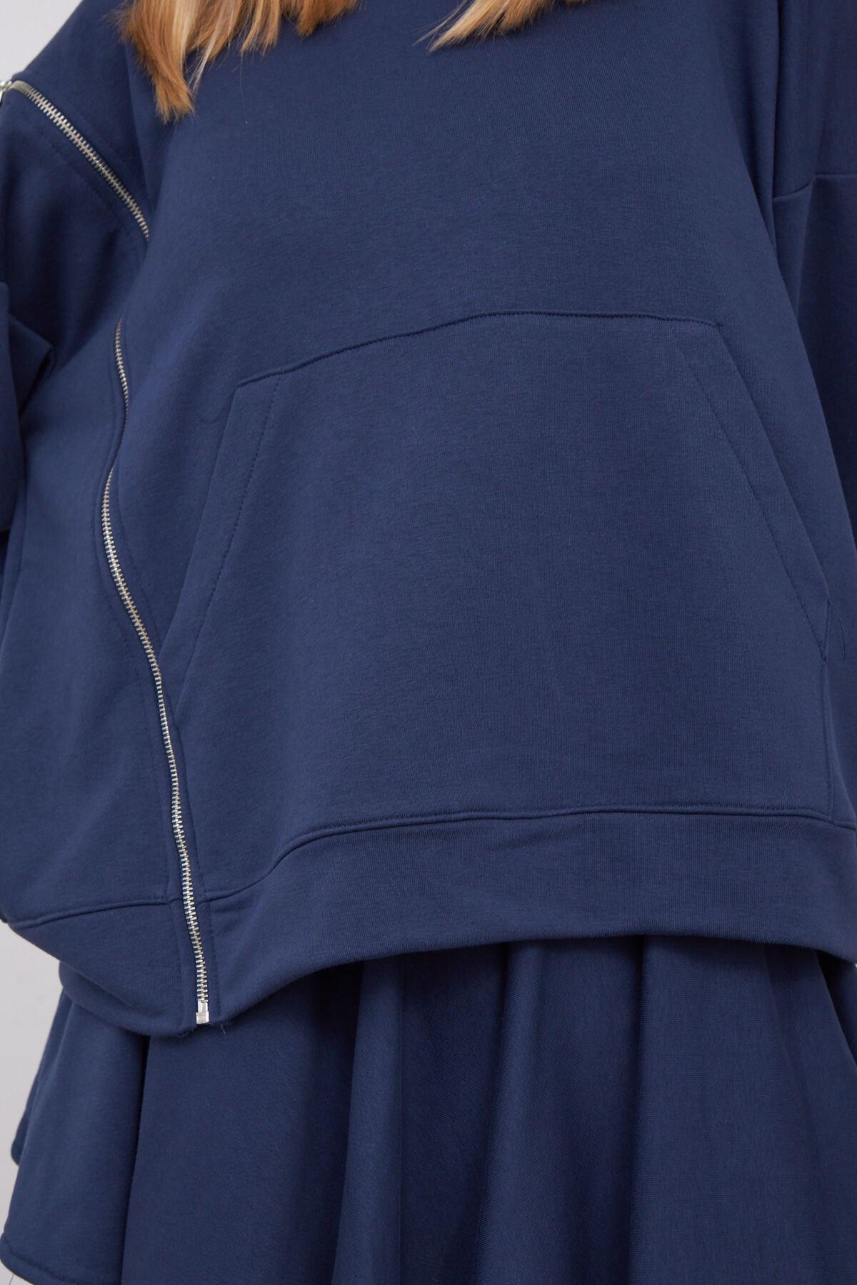 Saage Oversize Pamuklu Kapşonlu Fermuar Tasarım Sweatshirt ve Şort Etek Takım